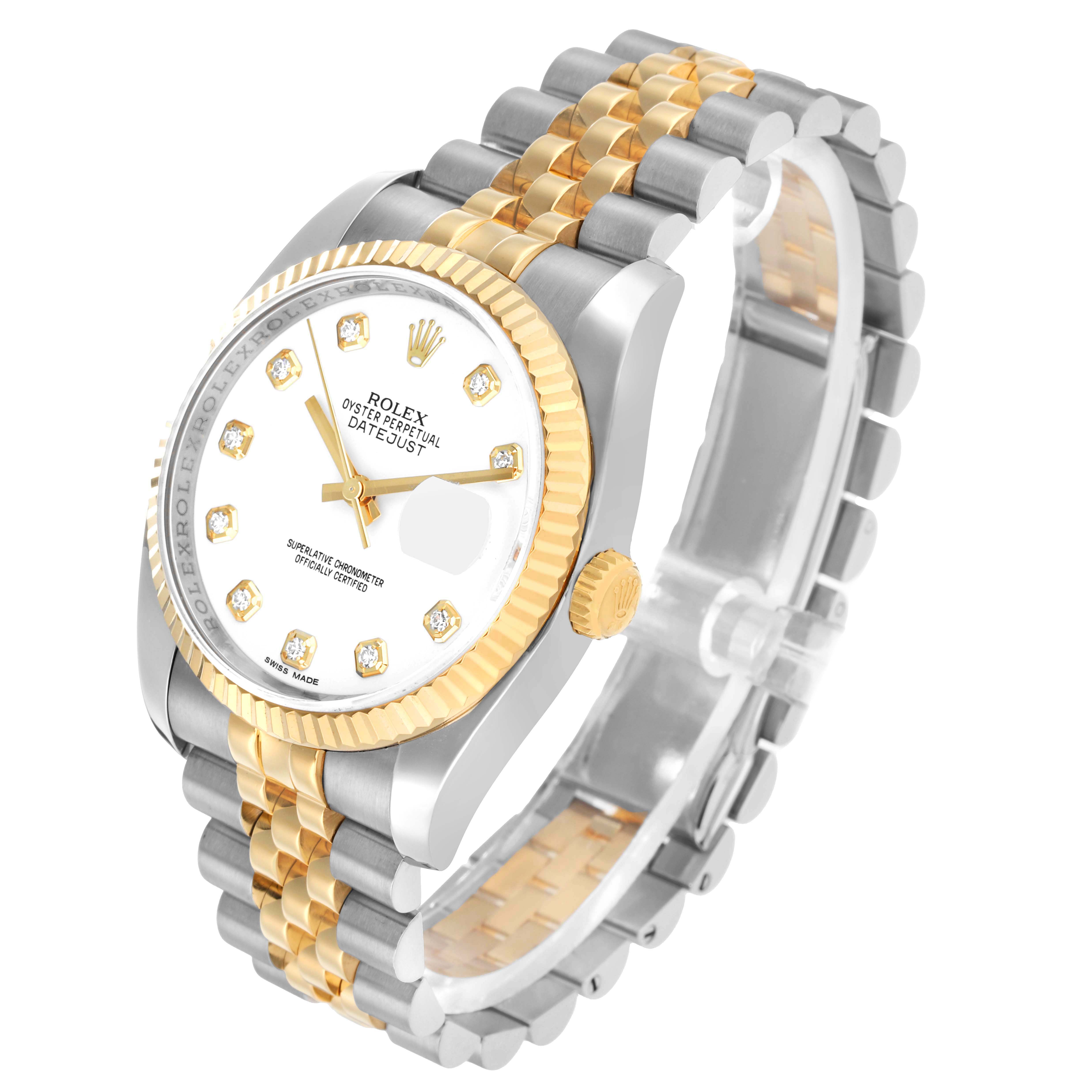 The Rolex Datejust 116233 Men
s Steel and Gold (two tone) White Dial watch is shown in a three-quarter view, displaying the dial, bezel, case, and jubilee bracelet.