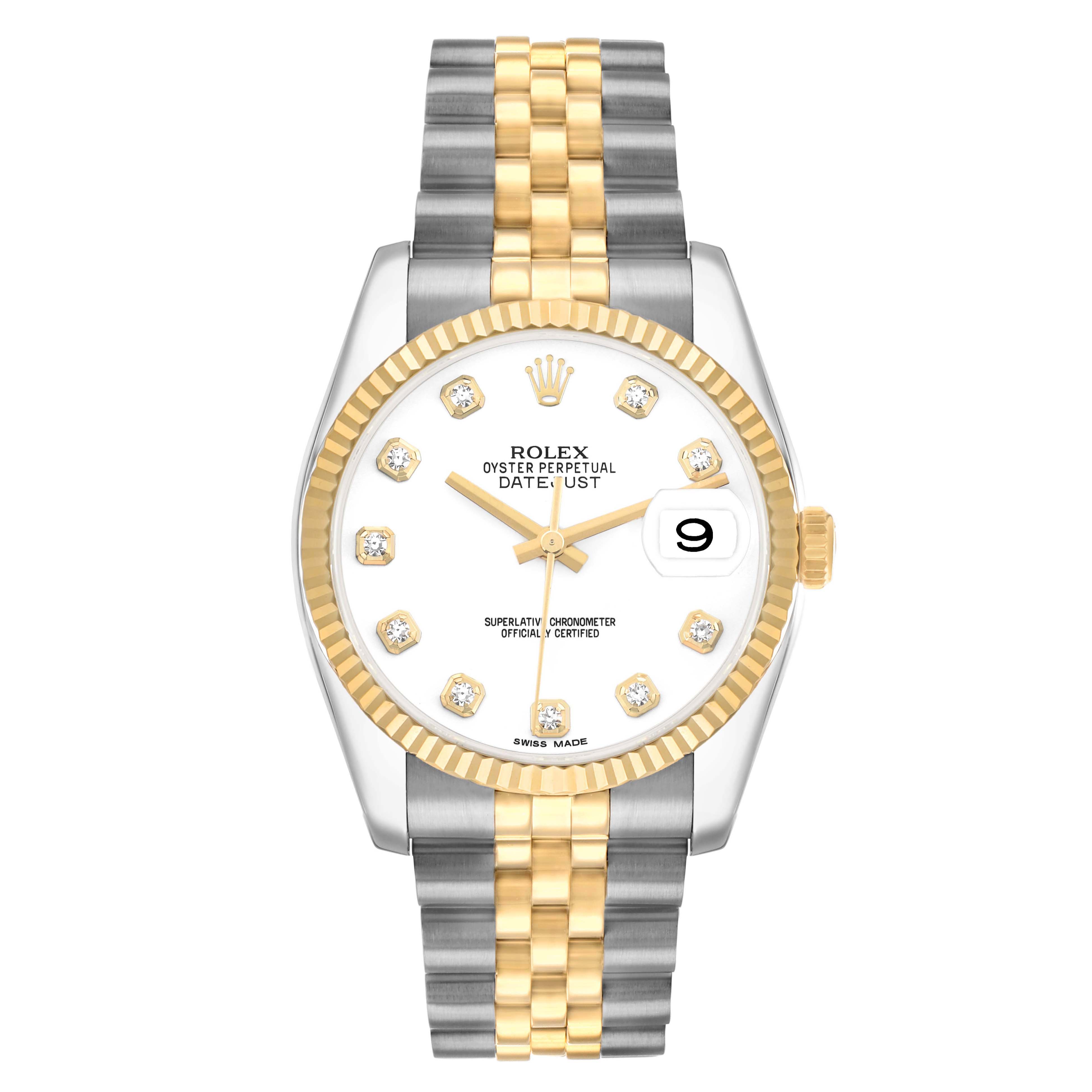The Rolex Datejust 116233 Men
s Steel and Gold (two tone) White Dial watch is shown from the front, displaying the dial, bezel, and two-tone bracelet.