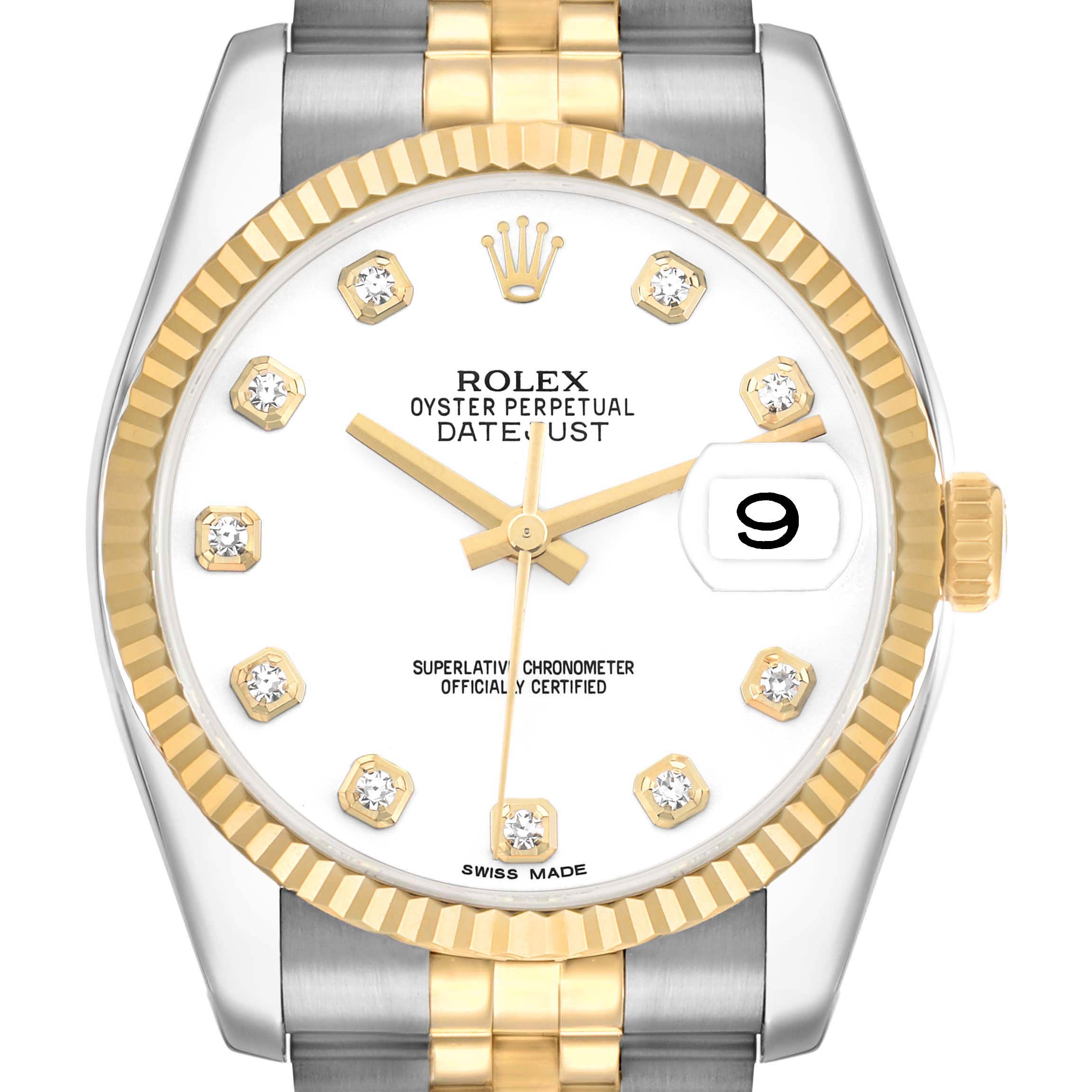 The Rolex Datejust 116233 Men
s Steel and Gold (two tone) White Dial watch is shown from a front angle, highlighting the dial, fluted bezel, and part of the bracelet.