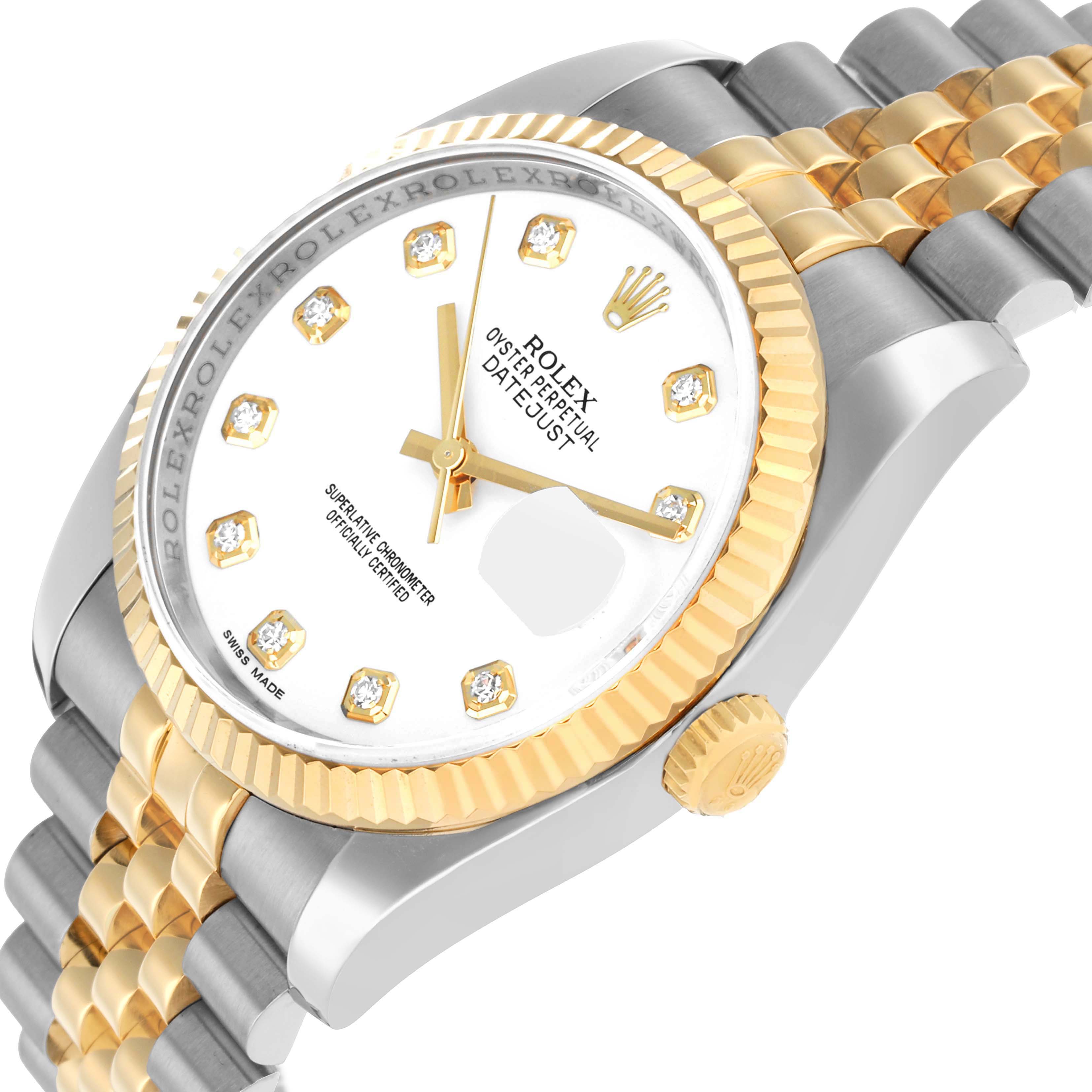 The image shows a Rolex Datejust 116233 Men
s Steel and Gold (two tone) White Dial watch at an angled view, highlighting the dial, fluted bezel, and two-tone bracelet.