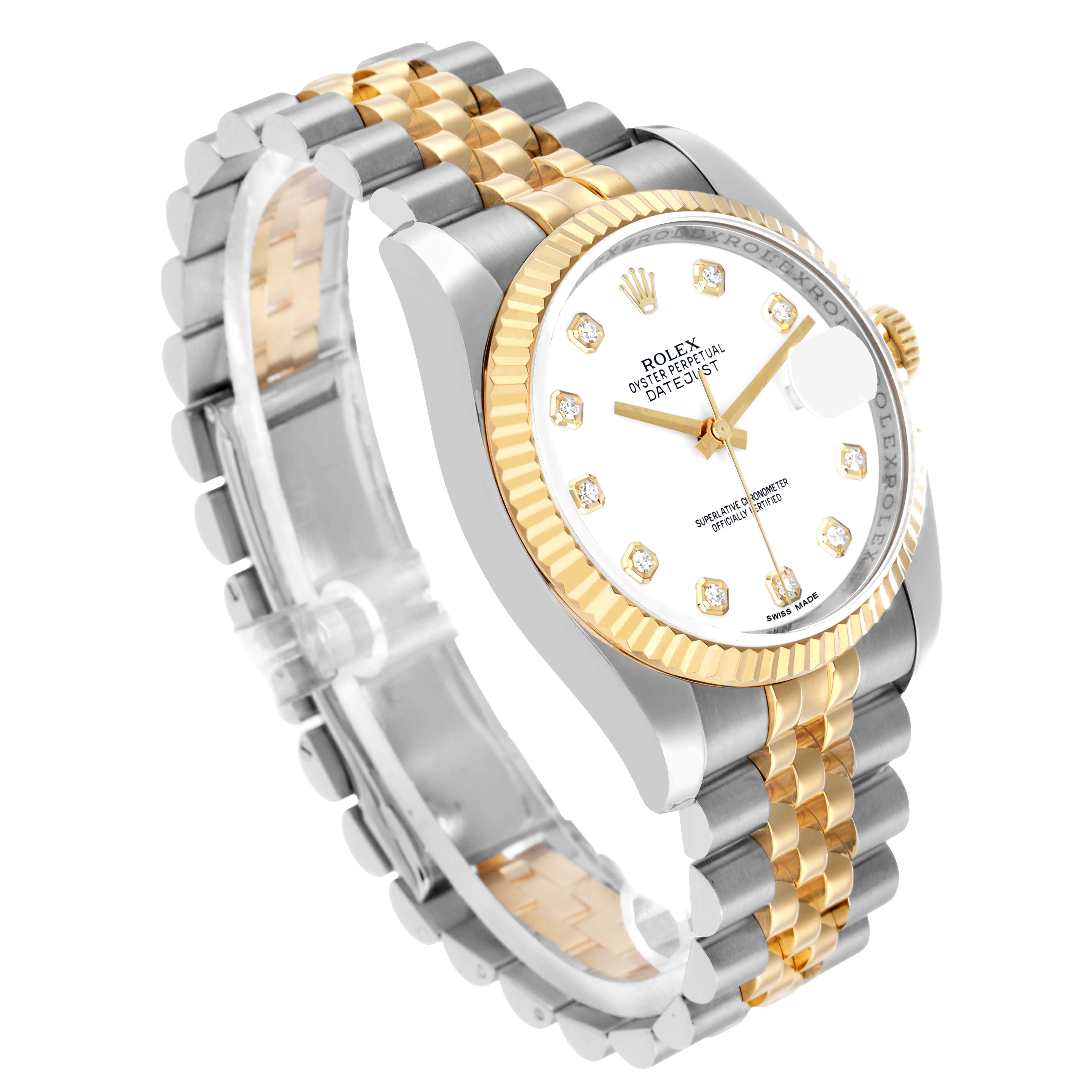 The Rolex Datejust 116233 Men
s Steel and Gold (two tone) White Dial watch is shown at an angle highlighting the bracelet, bezel, and dial with diamond markers.