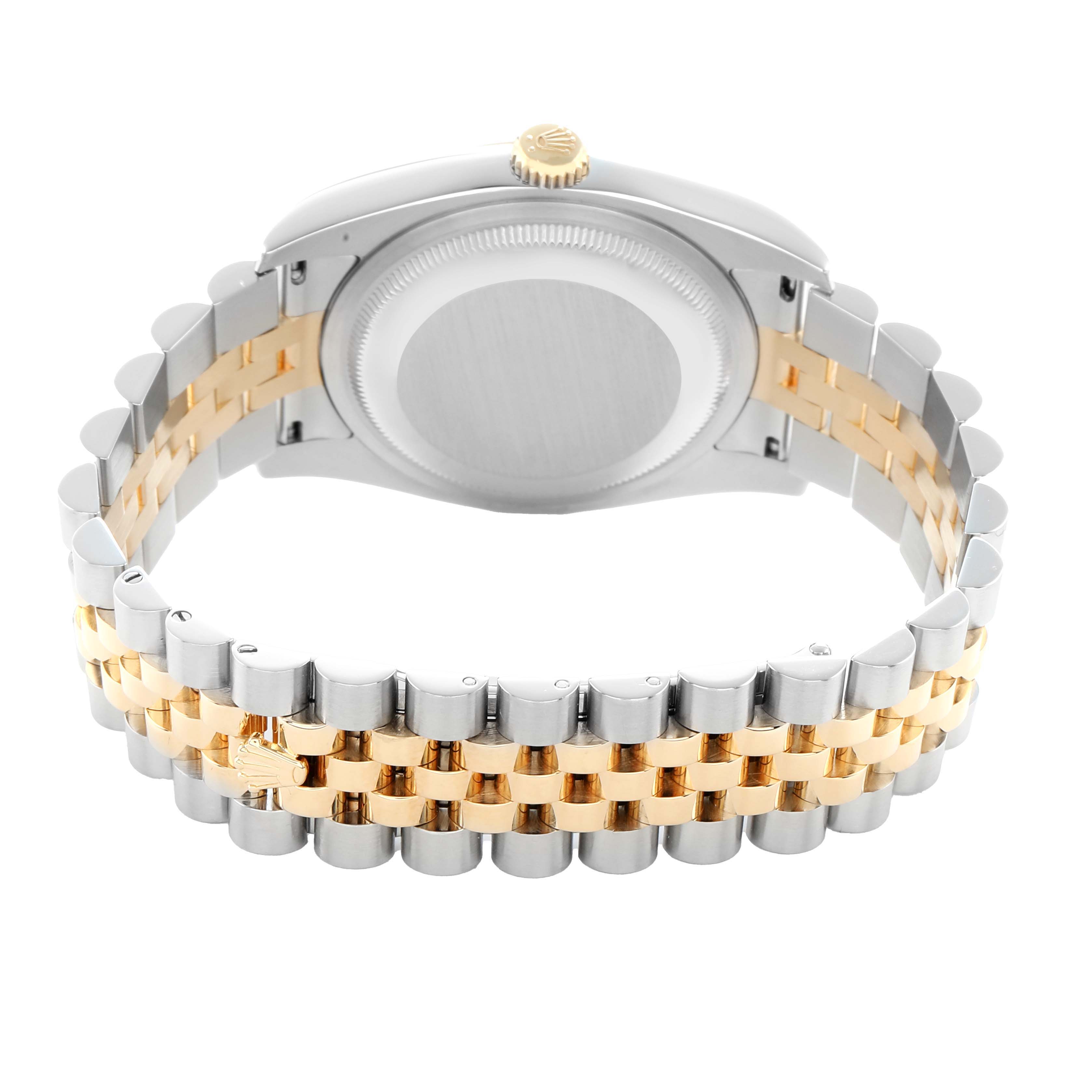The image shows the back view of a Rolex Datejust 116233 Men
s Steel and Gold (two tone) White Dial watch, highlighting the two-tone Jubilee bracelet and case back.