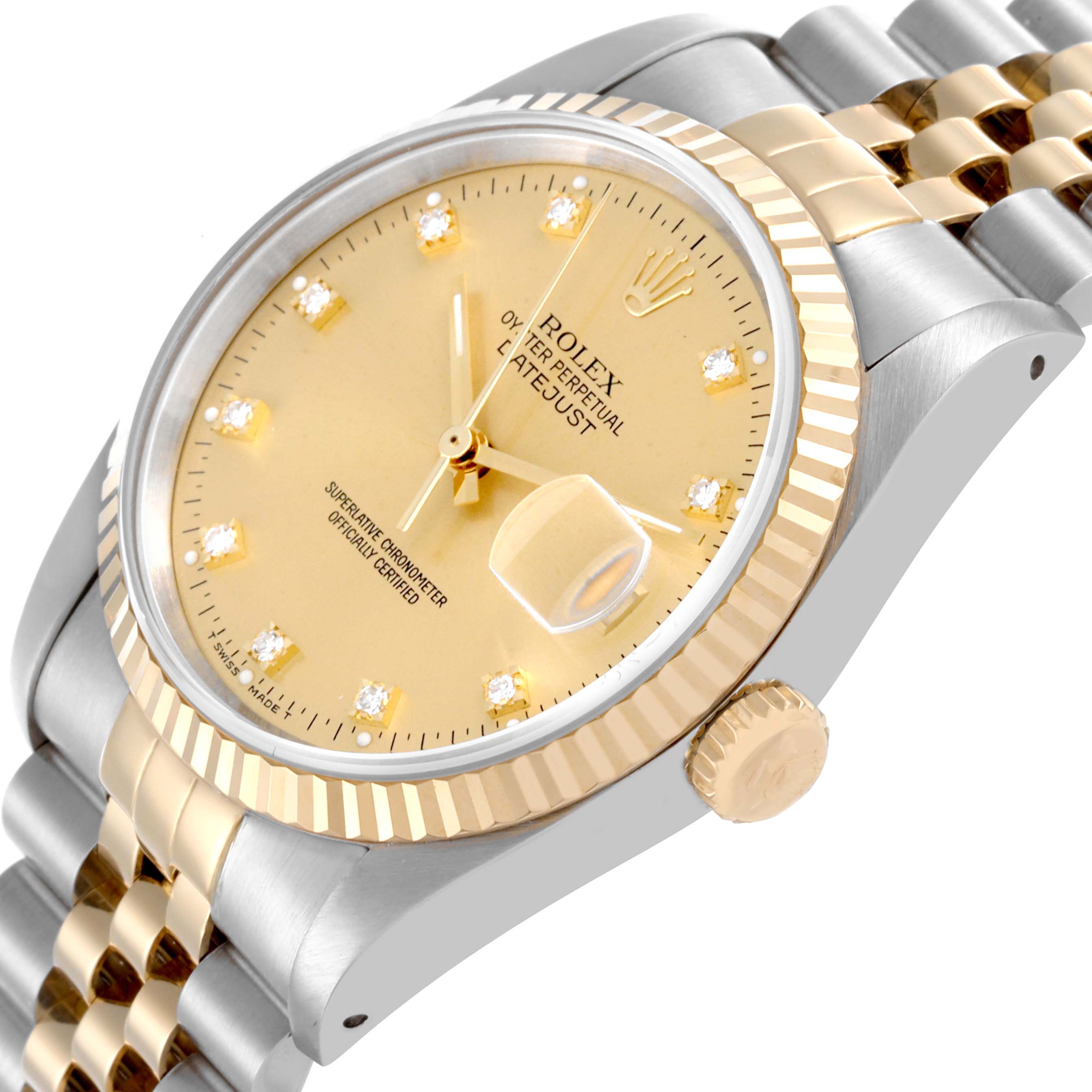 The Rolex Datejust 16233 Men
s Steel and Gold (two tone) Champagne Dial 16233 Men
s Steel and Gold (two tone) Champagne Dial watch is shown at a slight angle, highlighting the face, bezel, crown, and part of the bracelet.