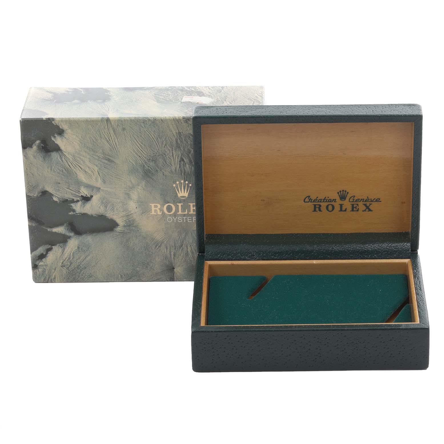 The image shows a Rolex Datejust 16233 Men
s Steel and Gold (two tone) Champagne Dial 16233 Men
s Steel and Gold (two tone) Champagne Dial box and outer packaging, with the box open to reveal its interior.