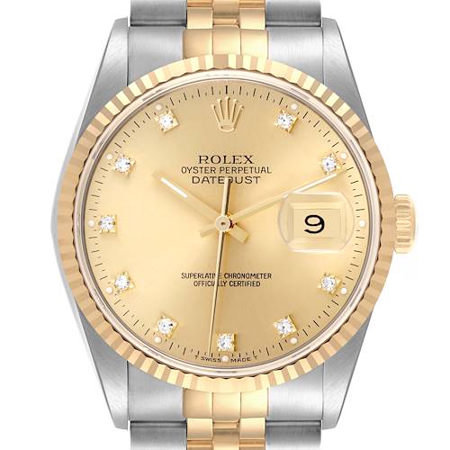 The image shows a front view of the Rolex Datejust, highlighting the face, bezel, and part of the bracelet.