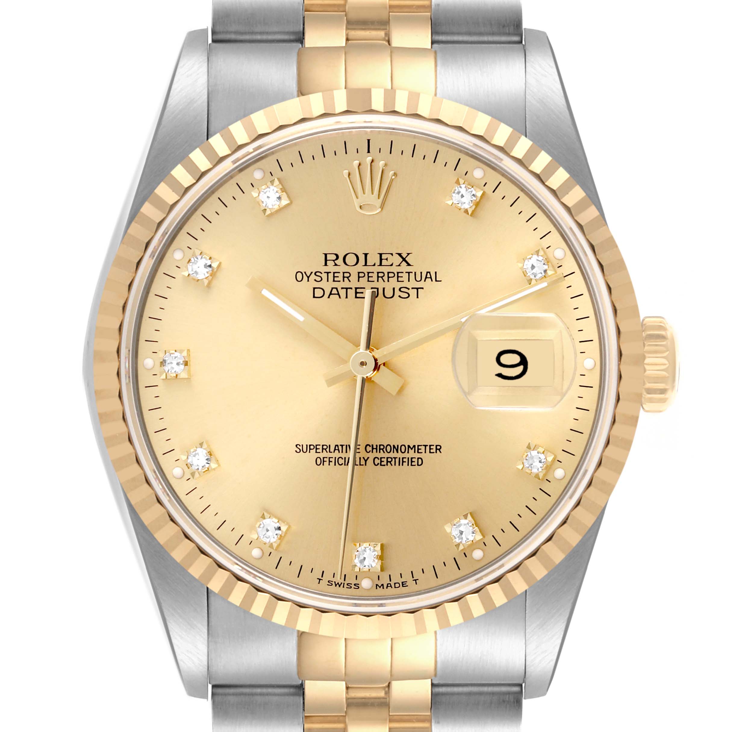 The Rolex Datejust 16233 Men
s Steel and Gold (two tone) Champagne Dial 16233 Men
s Steel and Gold (two tone) Champagne Dial watch is shown from the front, highlighting the dial, hands, date window, bezel, and part of the bracelet.