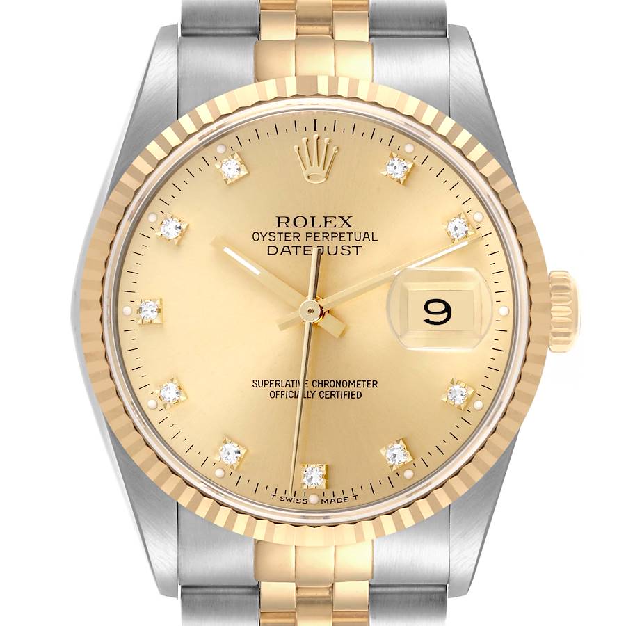 The Rolex Datejust watch is shown from the front, highlighting the dial, hands, date window, bezel, and part of the bracelet.