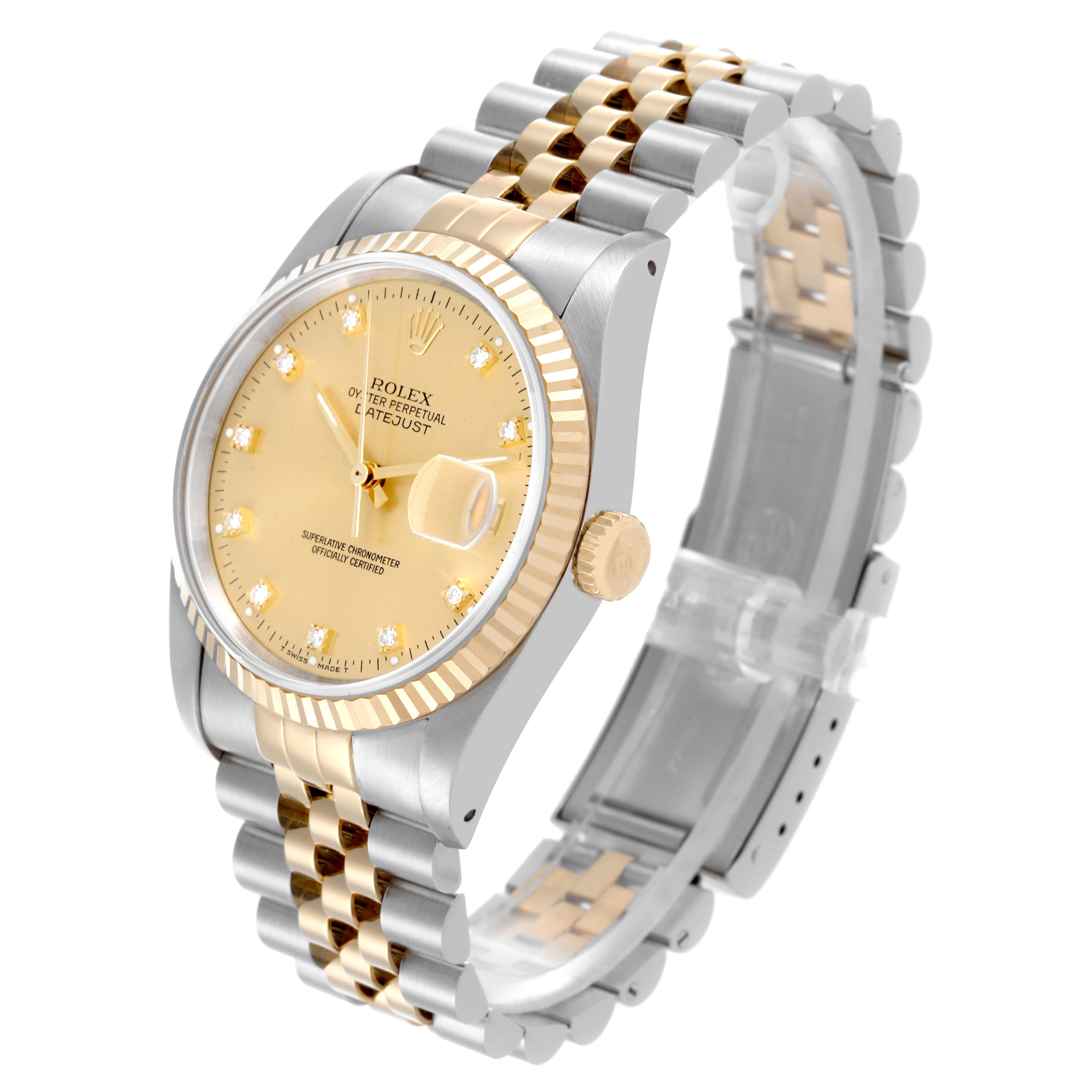 The Rolex Datejust 16233 Men
s Steel and Gold (two tone) Champagne Dial 16233 Men
s Steel and Gold (two tone) Champagne Dial watch is shown at a slight angle, highlighting the face, bezel, bracelet, and crown.