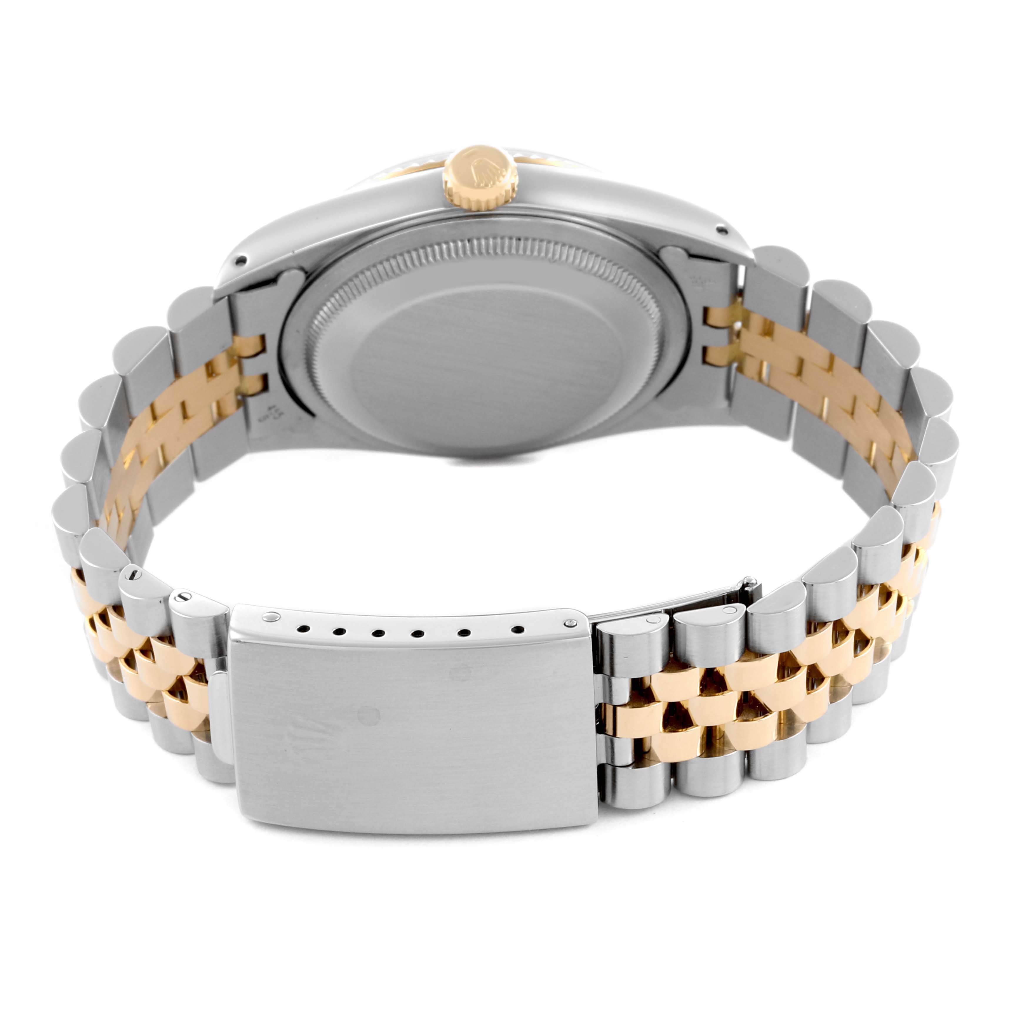 The image shows the back and clasp of a Rolex Datejust 16233 Men
s Steel and Gold (two tone) Champagne Dial 16233 Men
s Steel and Gold (two tone) Champagne Dial watch, highlighting the two-tone bracelet and caseback.