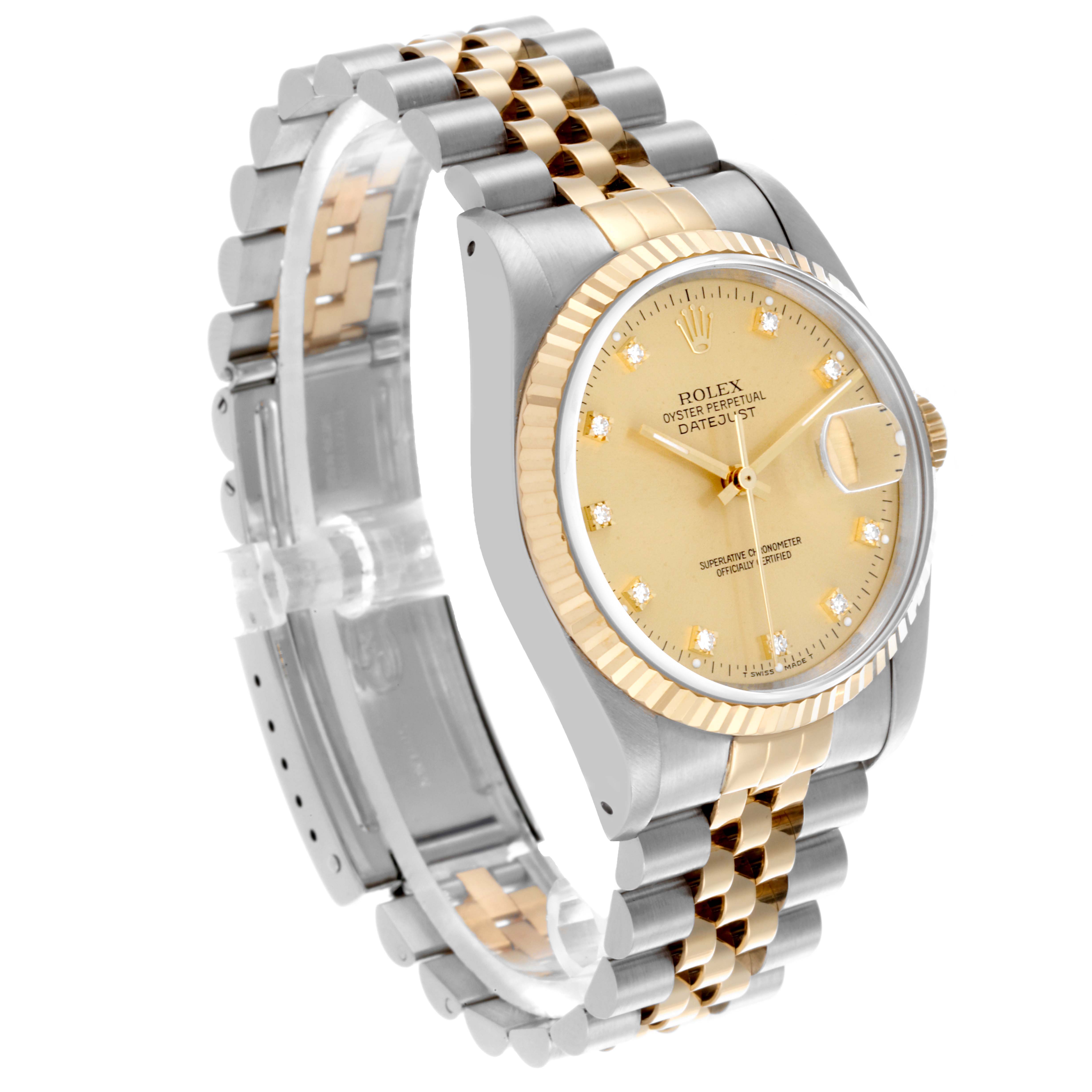 The Rolex Datejust 16233 Men
s Steel and Gold (two tone) Champagne Dial 16233 Men
s Steel and Gold (two tone) Champagne Dial watch is shown at a three-quarter angle, displaying the face, bezel, and full Jubilee bracelet.