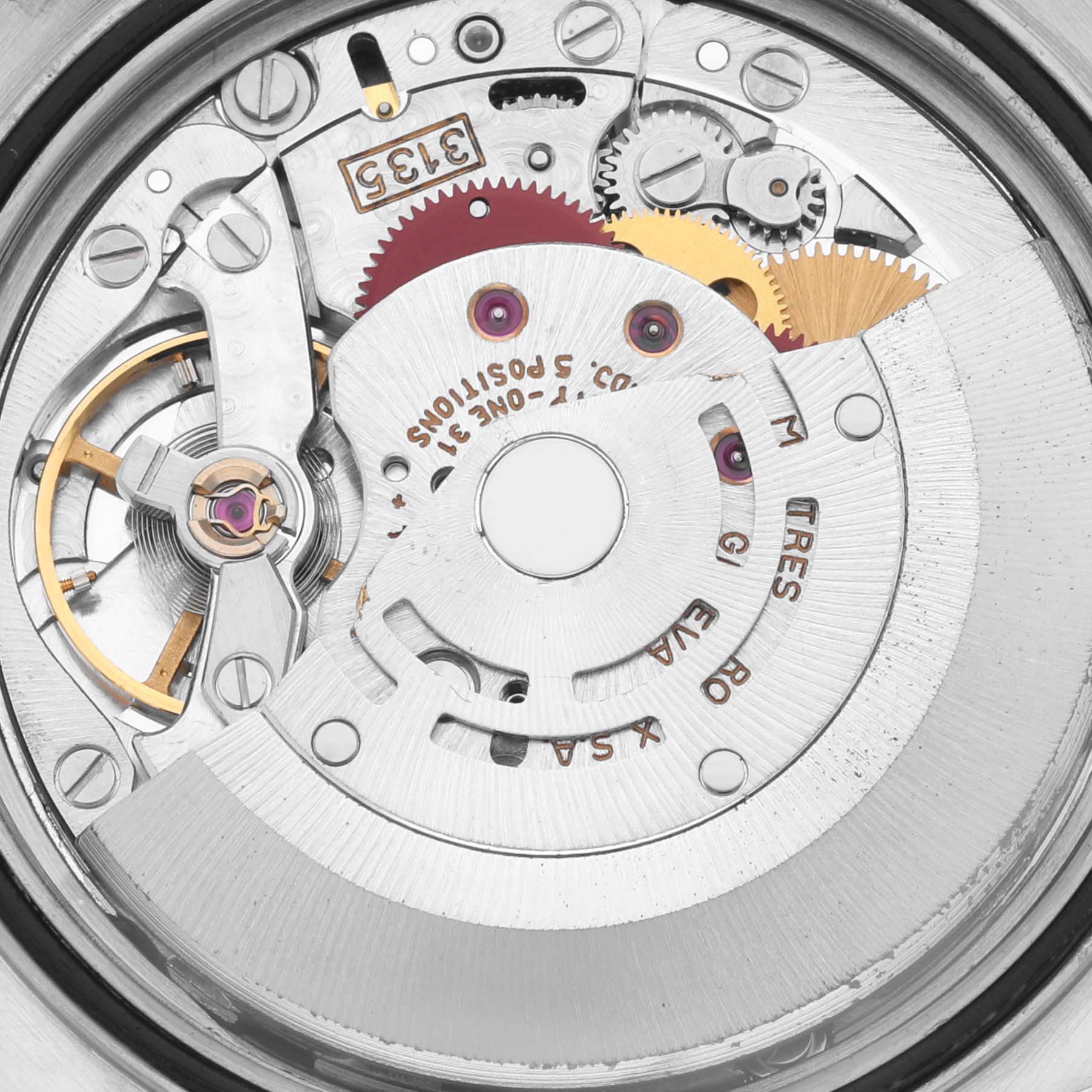 The image shows a close-up of the Rolex Datejust 16233 Men
s Steel and Gold (two tone) Champagne Dial 16233 Men
s Steel and Gold (two tone) Champagne Dial movement, highlighting gears and mechanical parts.