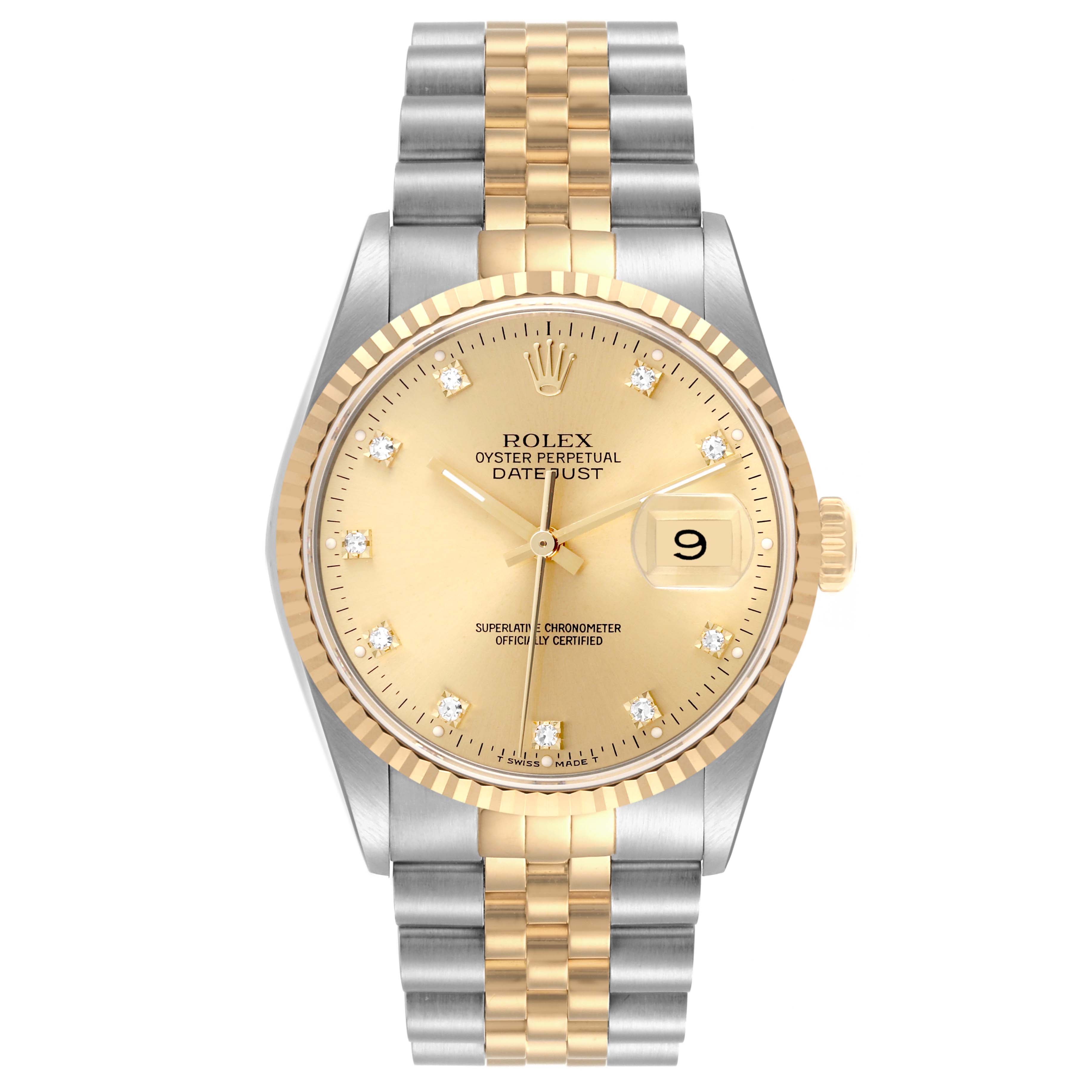 The Rolex Datejust 16233 Men
s Steel and Gold (two tone) Champagne Dial 16233 Men
s Steel and Gold (two tone) Champagne Dial watch is shown from the front, displaying its face, bezel, and two-tone bracelet.