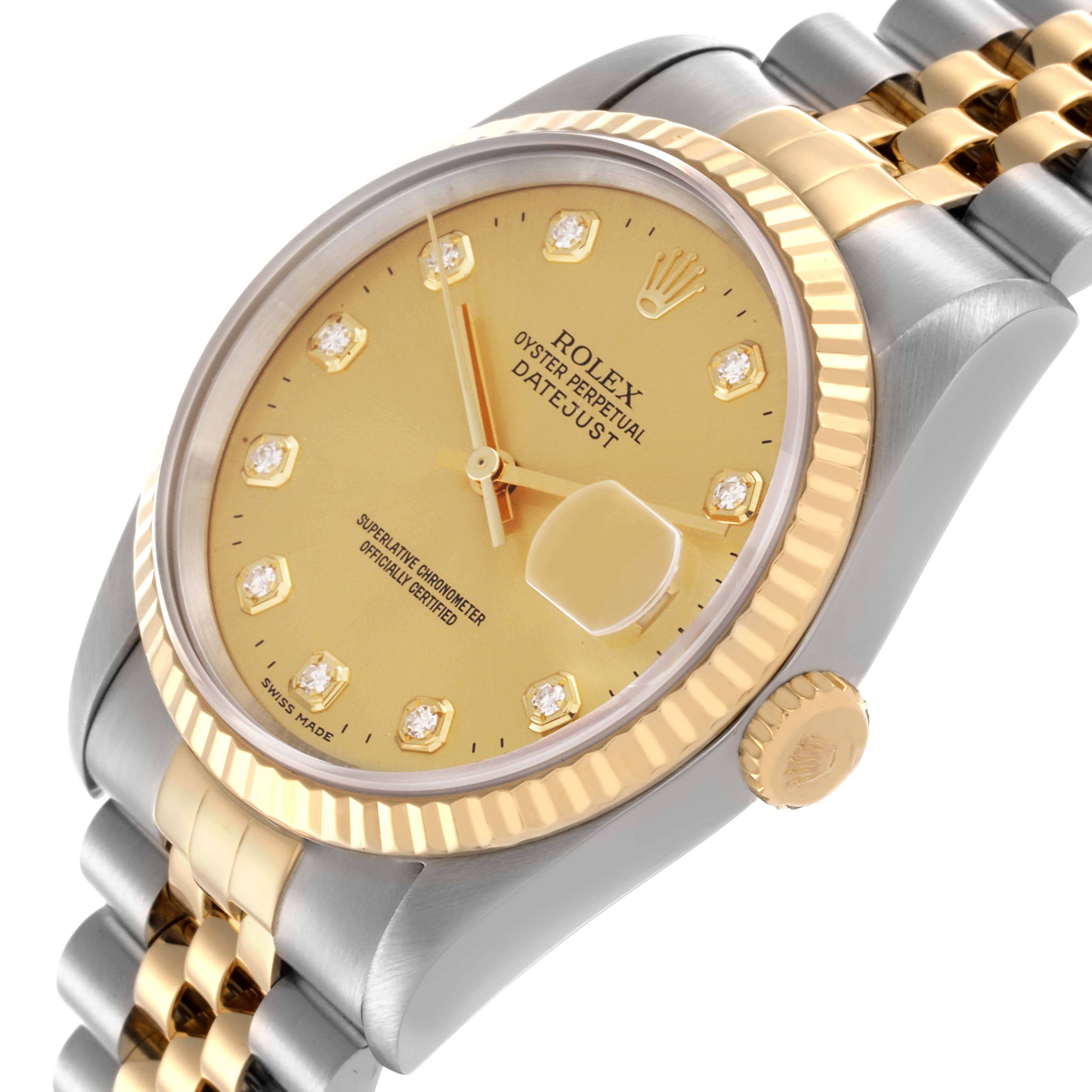 The Rolex Datejust 16233 Men's Steel and Gold (two tone) Champagne Dial 16233 Men's Steel and Gold (two tone) Champagne Dial watch is shown at a three-quarter angle, highlighting the gold dial, fluted bezel, and jubilee bracelet.