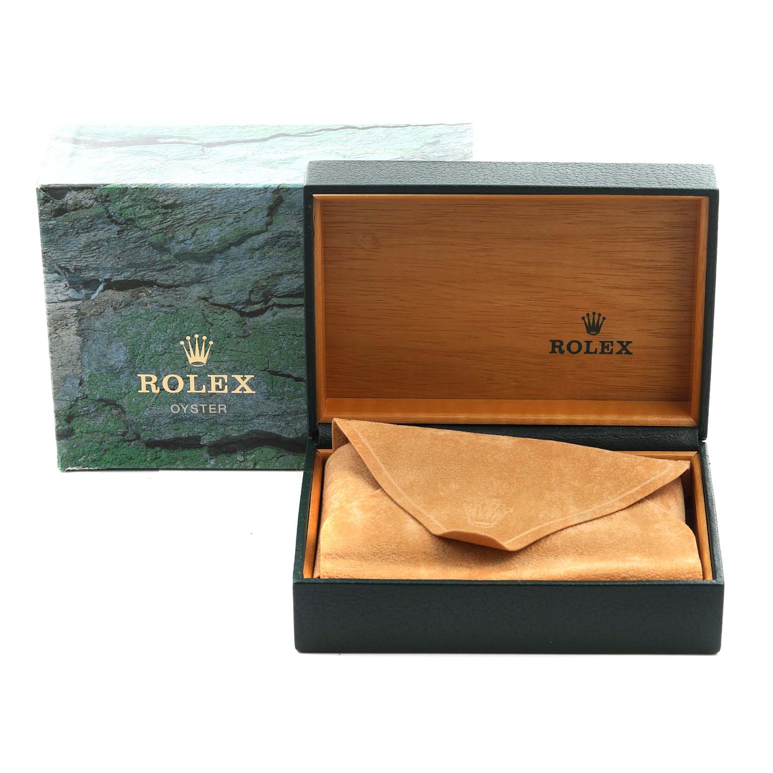 The image shows the packaging of a Rolex Datejust 16233 Men's Steel and Gold (two tone) Champagne Dial 16233 Men's Steel and Gold (two tone) Champagne Dial, including a box and a protective cover, but not the watch itself.