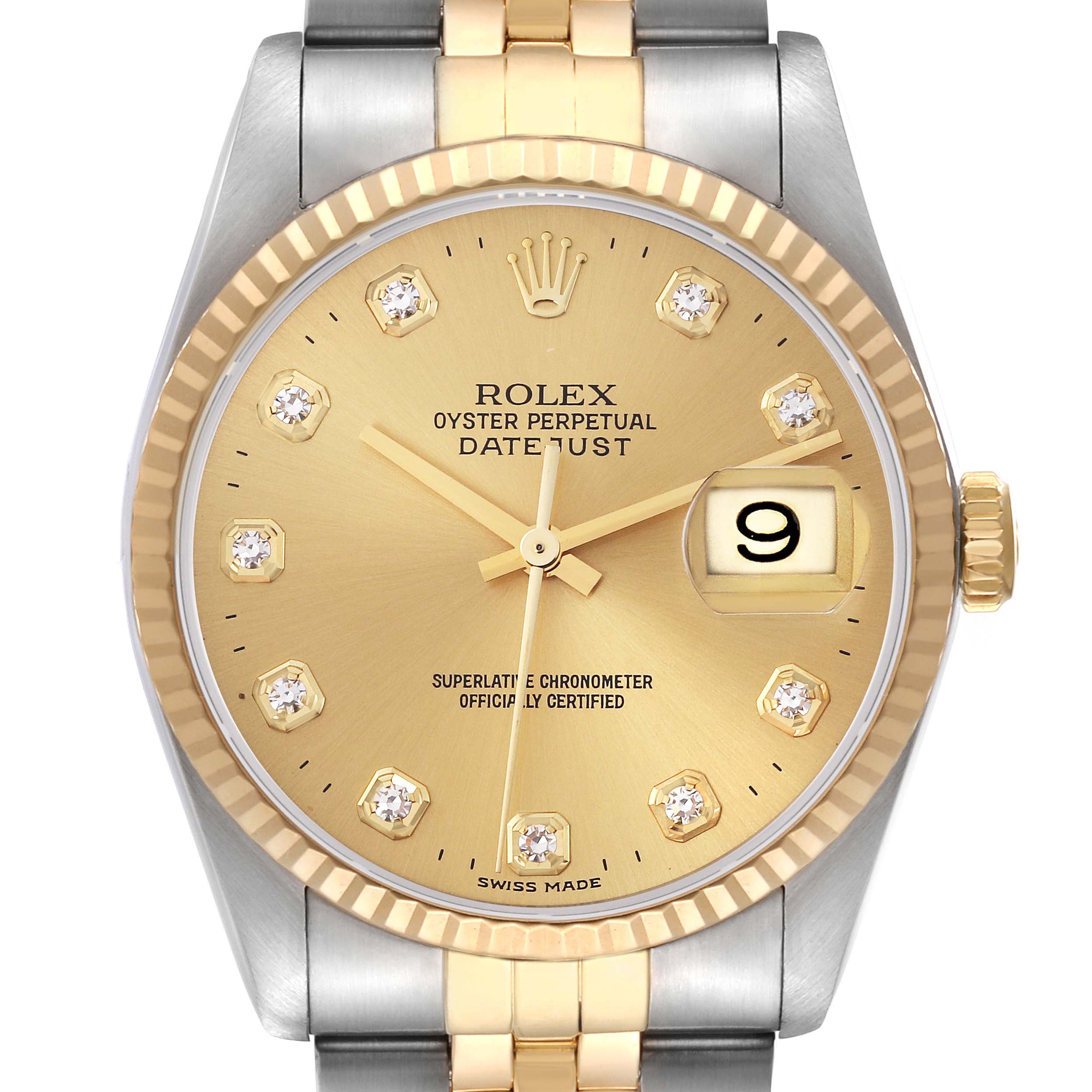 The Rolex Datejust 16233 Men's Steel and Gold (two tone) Champagne Dial 16233 Men's Steel and Gold (two tone) Champagne Dial watch is shown from a front angle, highlighting the dial, bezel, and partial bracelet.