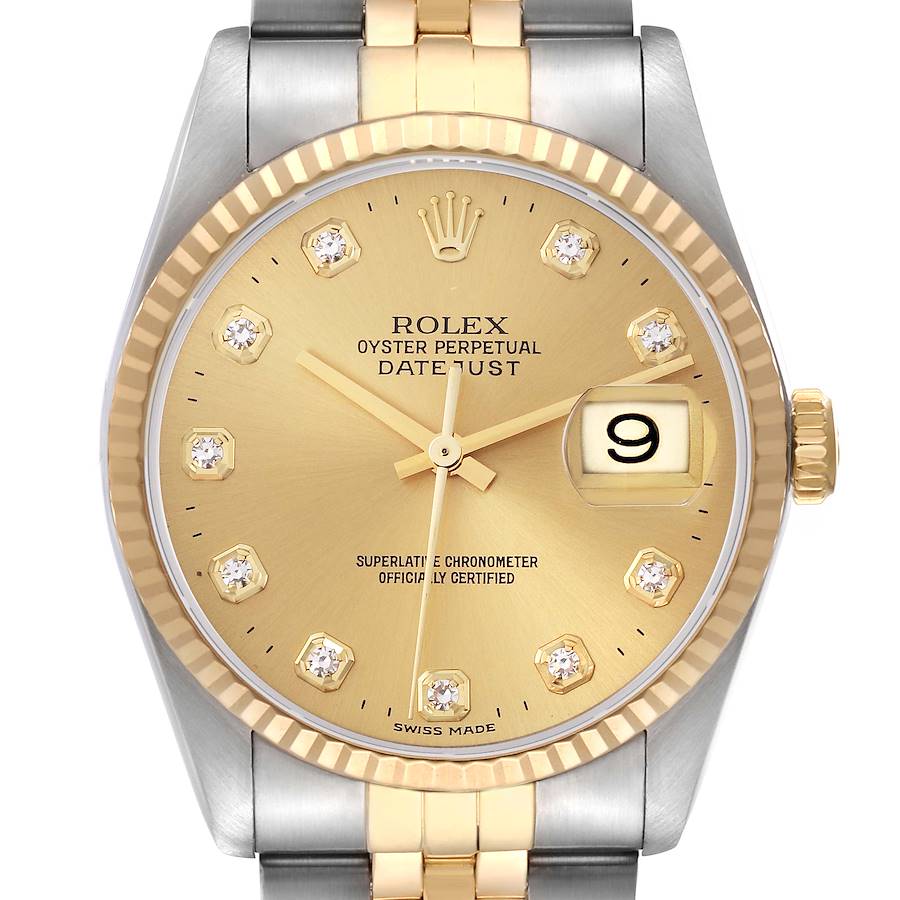 The Rolex Datejust watch is shown from a front angle, highlighting the dial, bezel, and partial bracelet.