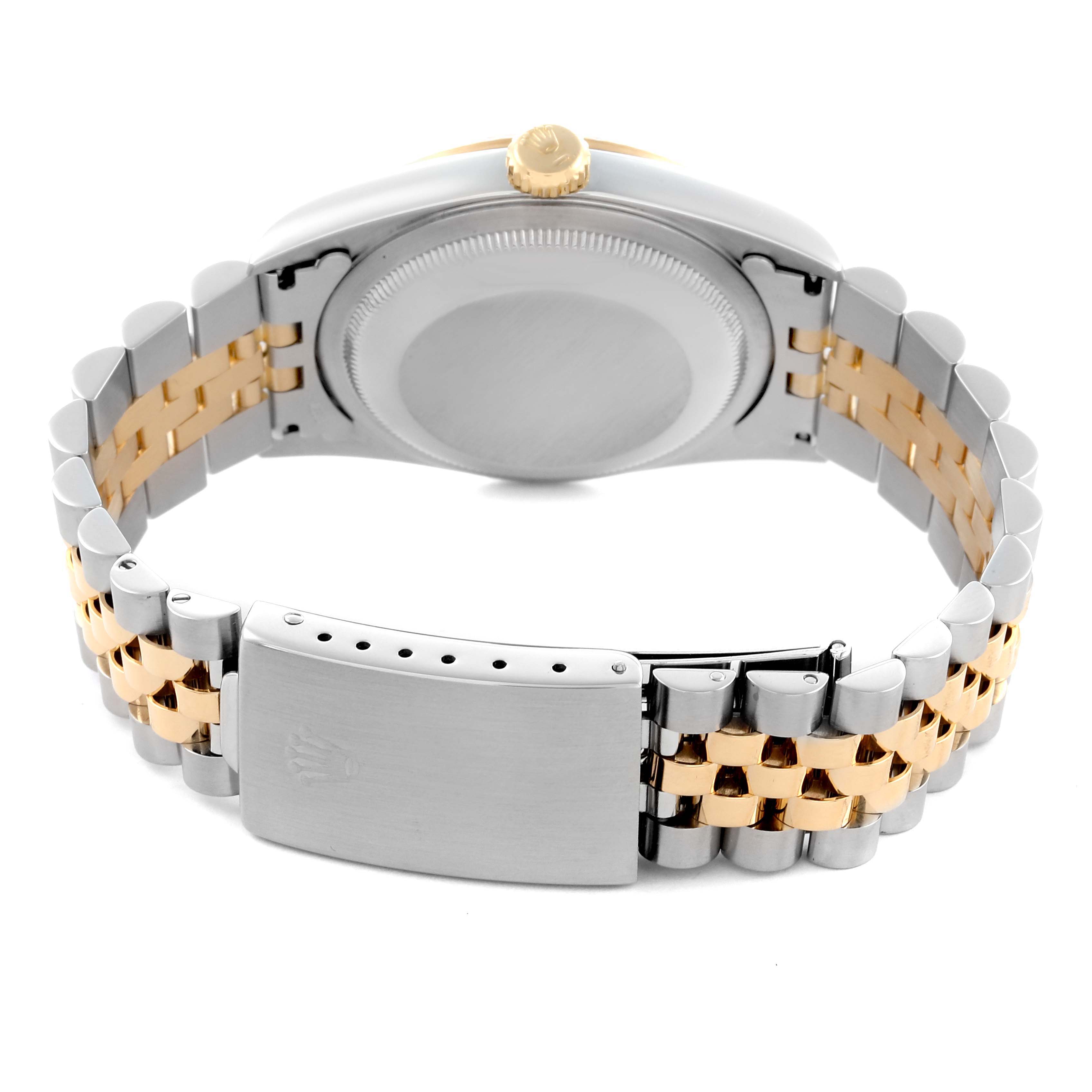 The image shows the back case and bracelet of a Rolex Datejust 16233 Men's Steel and Gold (two tone) Champagne Dial 16233 Men's Steel and Gold (two tone) Champagne Dial, highlighting the two-tone metal design and clasp.