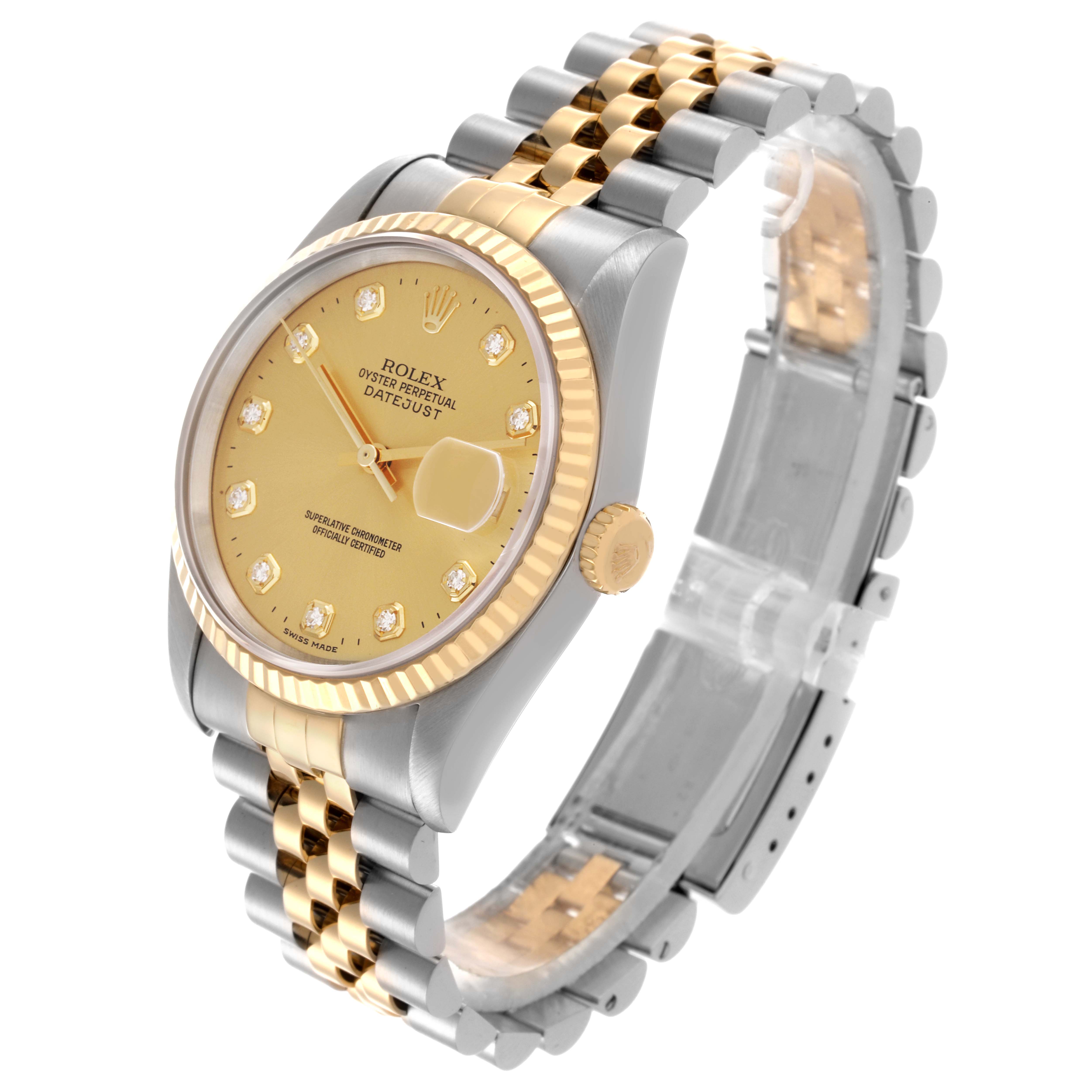 The Rolex Datejust 16233 Men's Steel and Gold (two tone) Champagne Dial 16233 Men's Steel and Gold (two tone) Champagne Dial watch is shown at a slight angle, highlighting the face, bezel, crown, and two-tone bracelet.