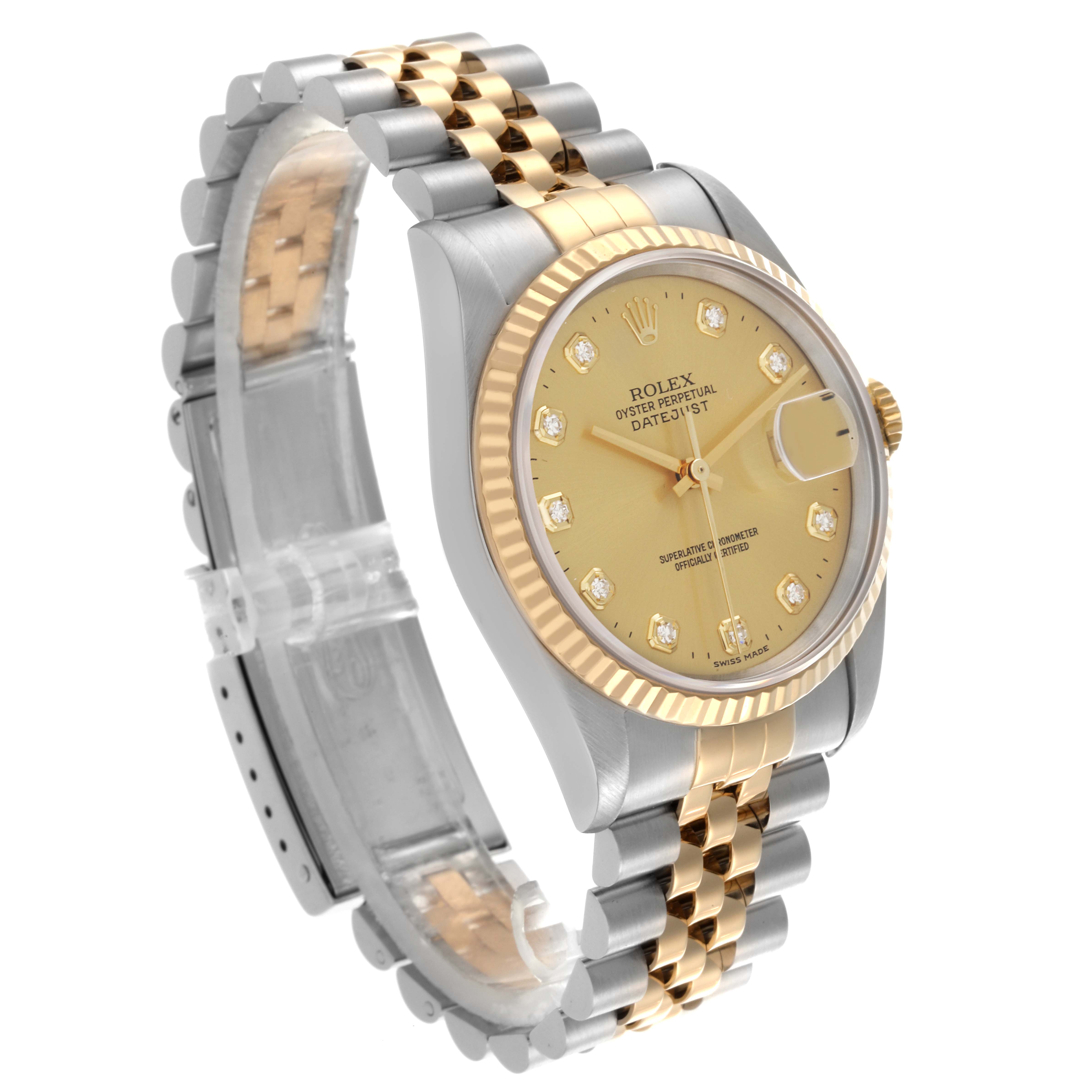 The Rolex Datejust 16233 Men's Steel and Gold (two tone) Champagne Dial 16233 Men's Steel and Gold (two tone) Champagne Dial watch is shown at an angle displaying the face, bezel, and two-tone bracelet.