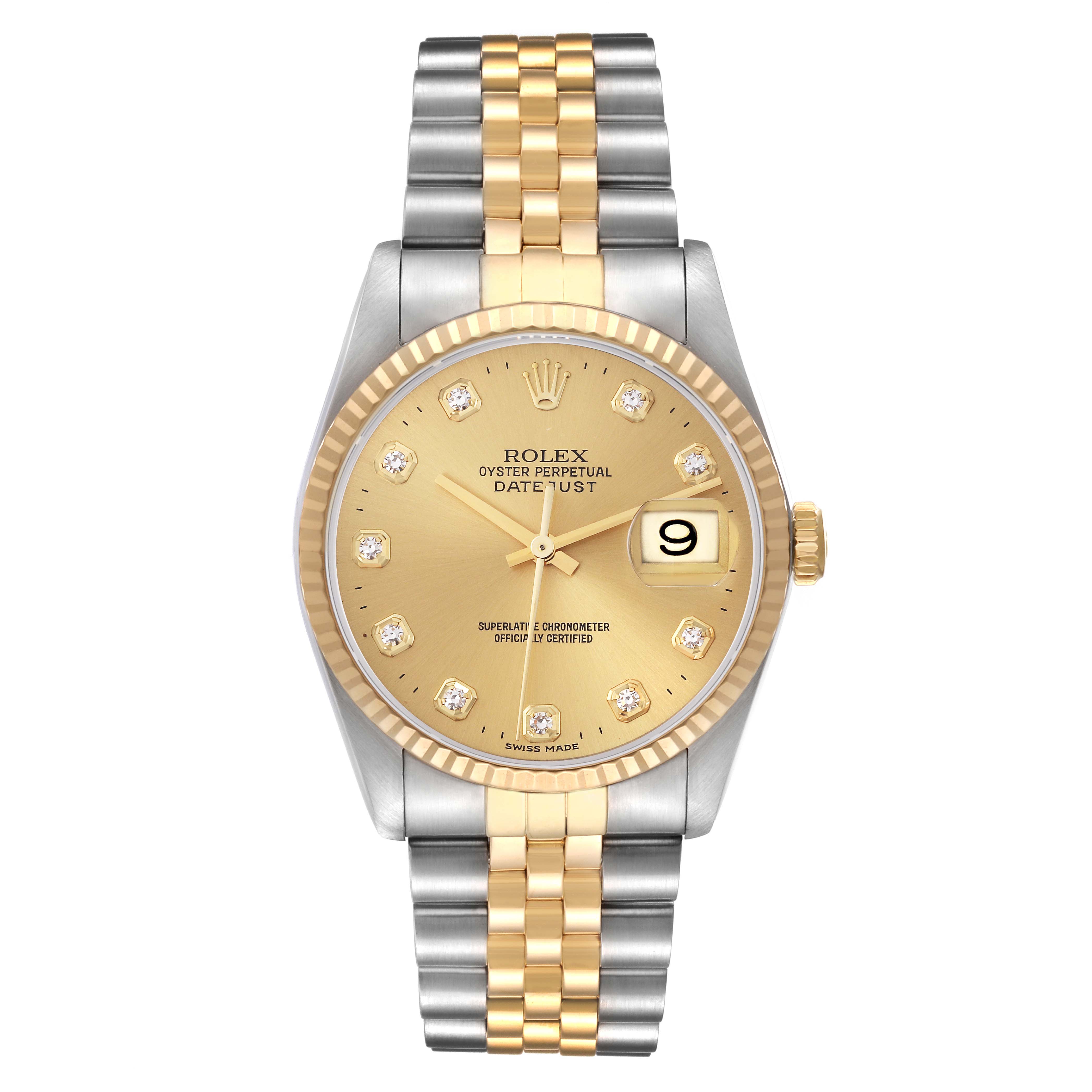 The Rolex Datejust 16233 Men's Steel and Gold (two tone) Champagne Dial 16233 Men's Steel and Gold (two tone) Champagne Dial is shown from a front angle, displaying the dial, bracelet, and bezel.