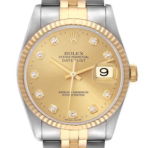 The Rolex Datejust is shown from the front, displaying the dial, markers, hands, bezel, and partial bracelet.