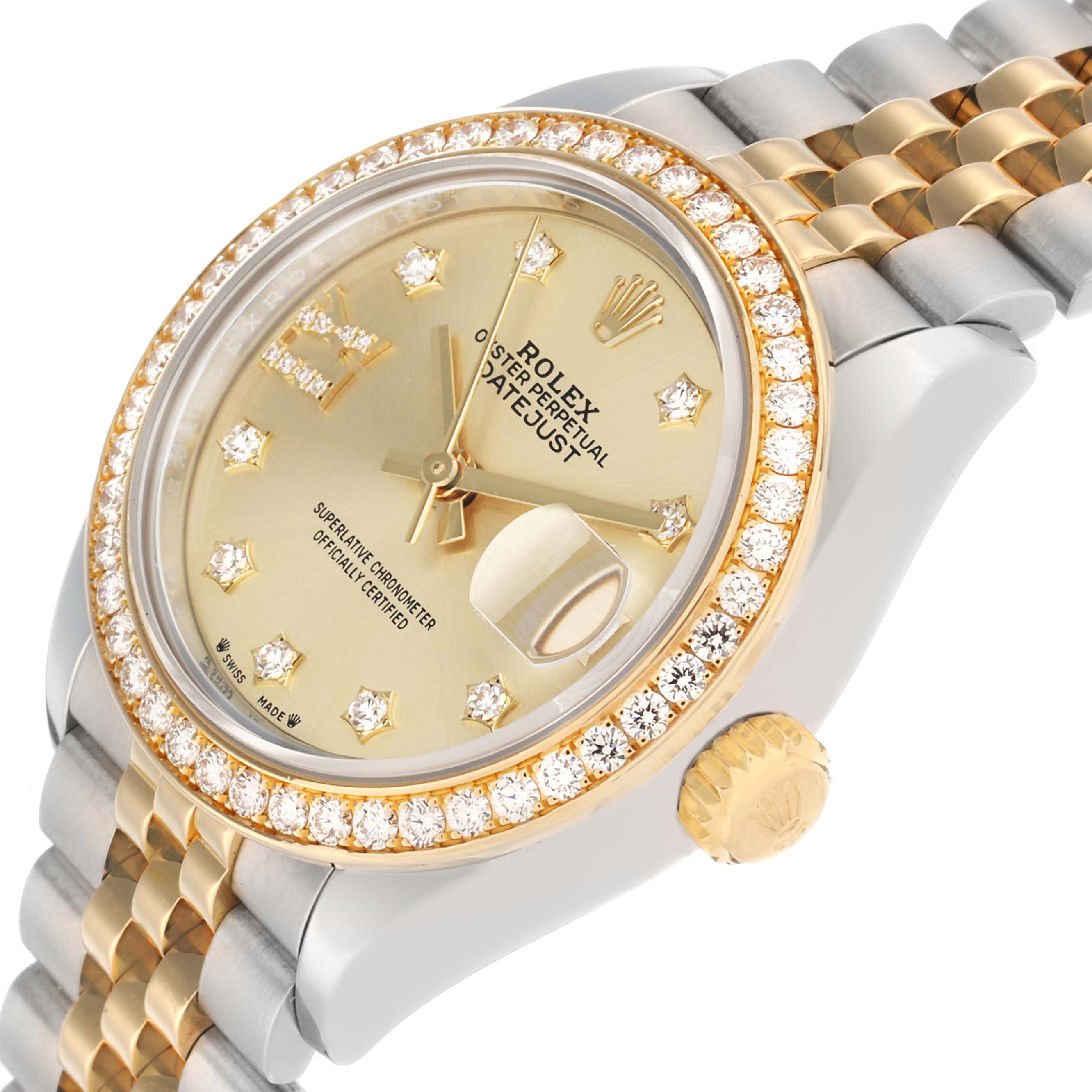 The Rolex Datejust 279383 Women's Steel and Gold (two tone) Champagne Dial watch is shown at a three-quarter angle, highlighting the dial, diamond bezel, and jubilee bracelet.