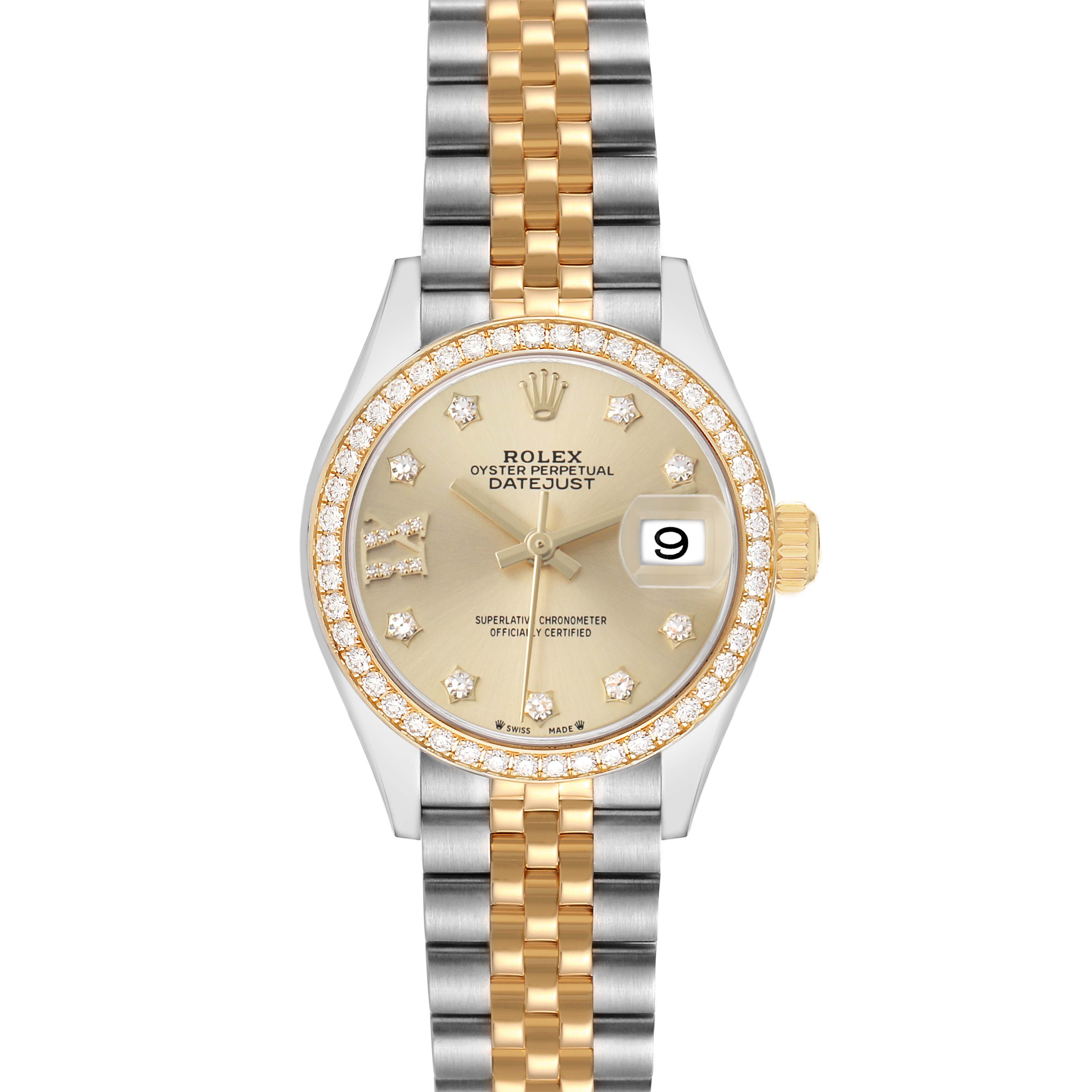 The image shows a Rolex Datejust 279383 Women's Steel and Gold (two tone) Champagne Dial watch from a front angle, highlighting the dial, bezel, and jubilee bracelet.