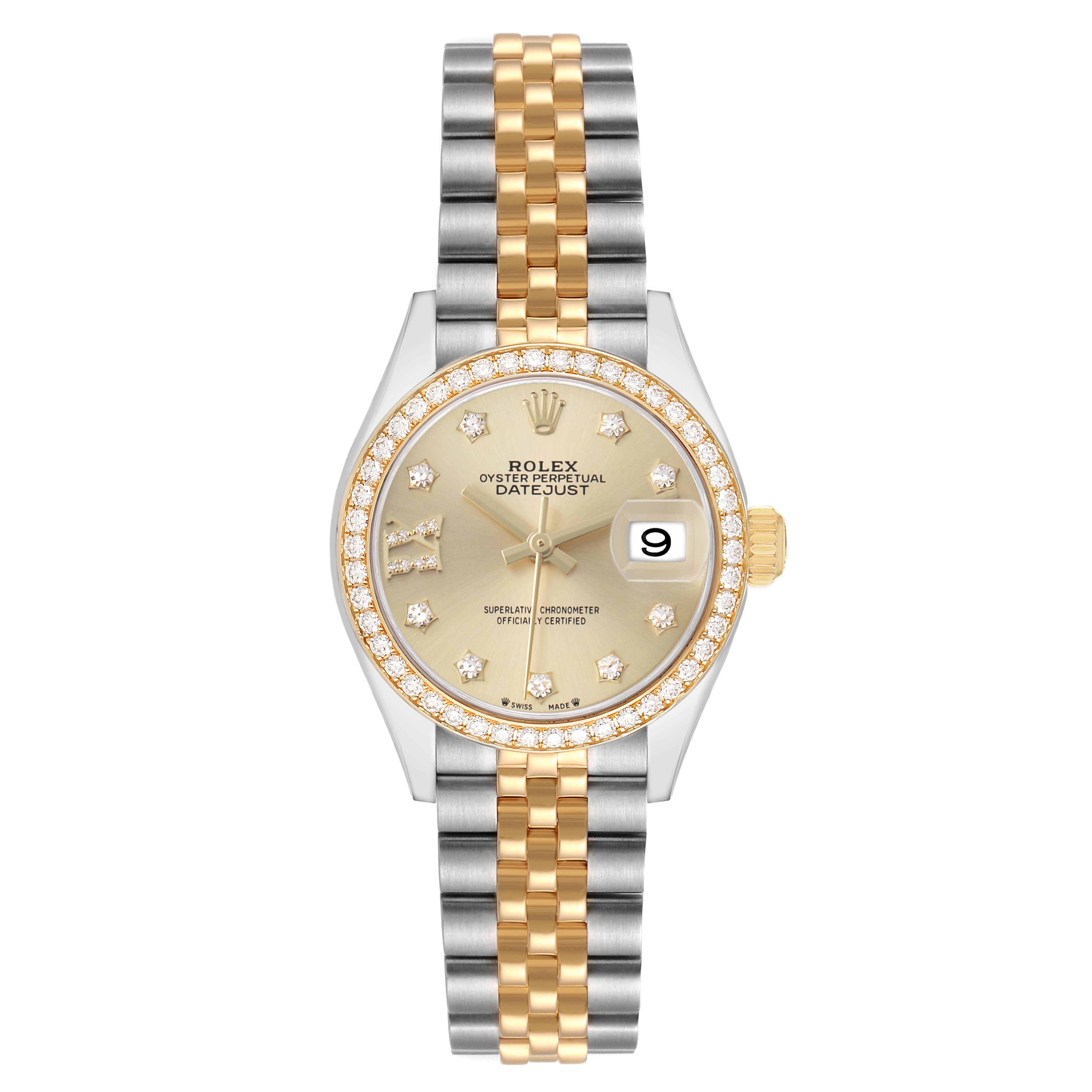 The Rolex Datejust 279383 Women's Steel and Gold (two tone) Champagne Dial watch is shown from the front, displaying the gold dial, diamond markers, and two-tone metal bracelet.