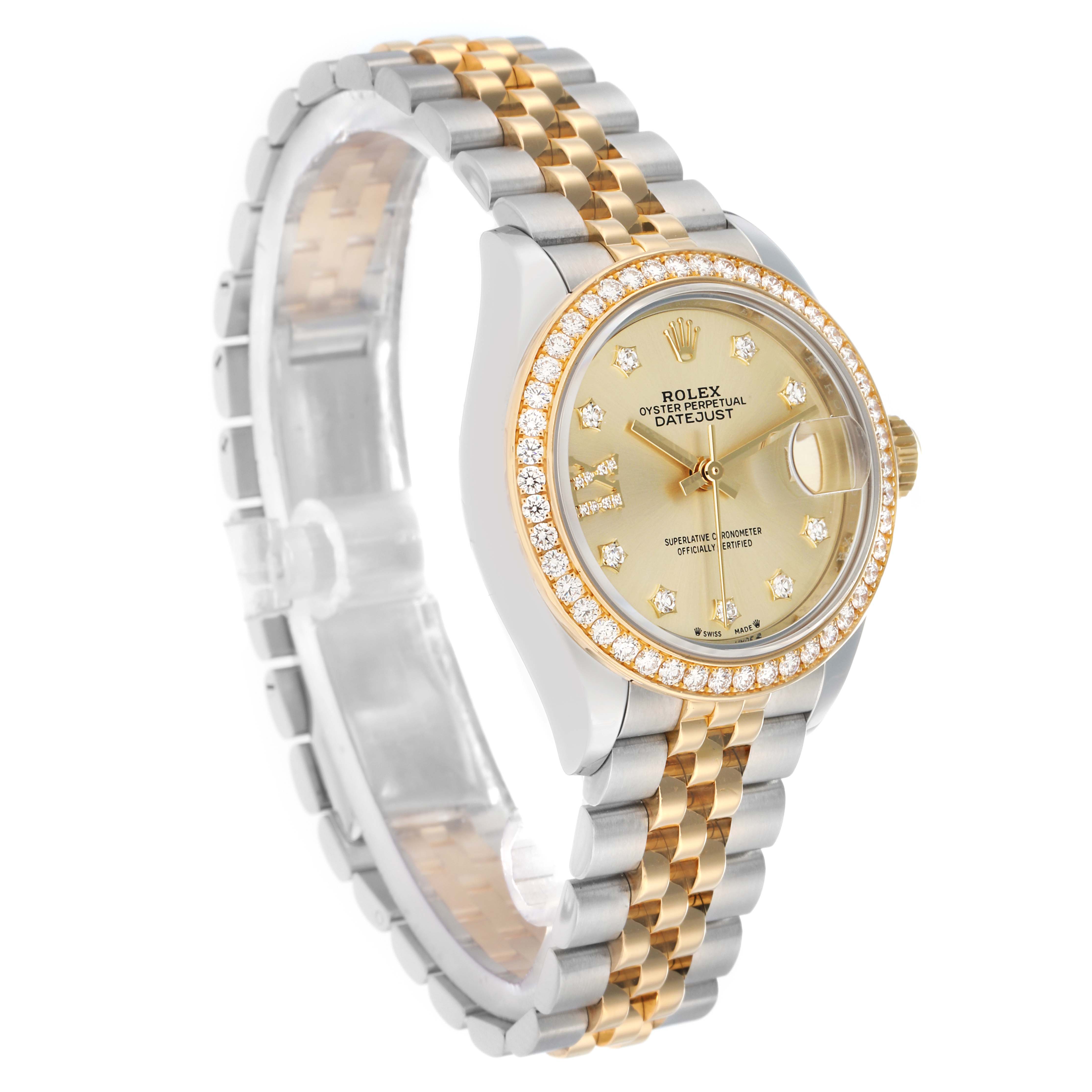 The Rolex Datejust 279383 Women's Steel and Gold (two tone) Champagne Dial watch is shown at a three-quarter angle, highlighting the bezel, dial, and jubilee bracelet.