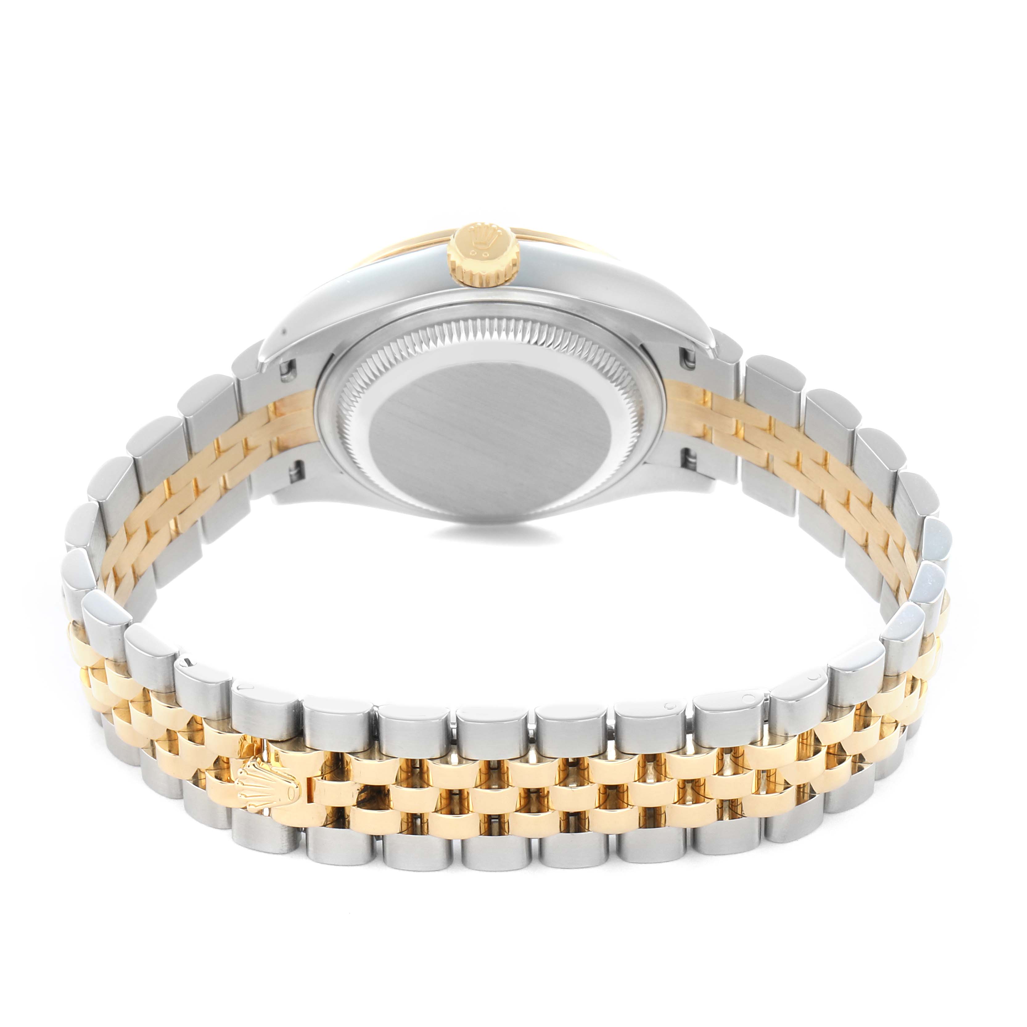 The image shows the back view of a Rolex Datejust 279383 Women's Steel and Gold (two tone) Champagne Dial watch, highlighting its case, crown, and two-tone bracelet.