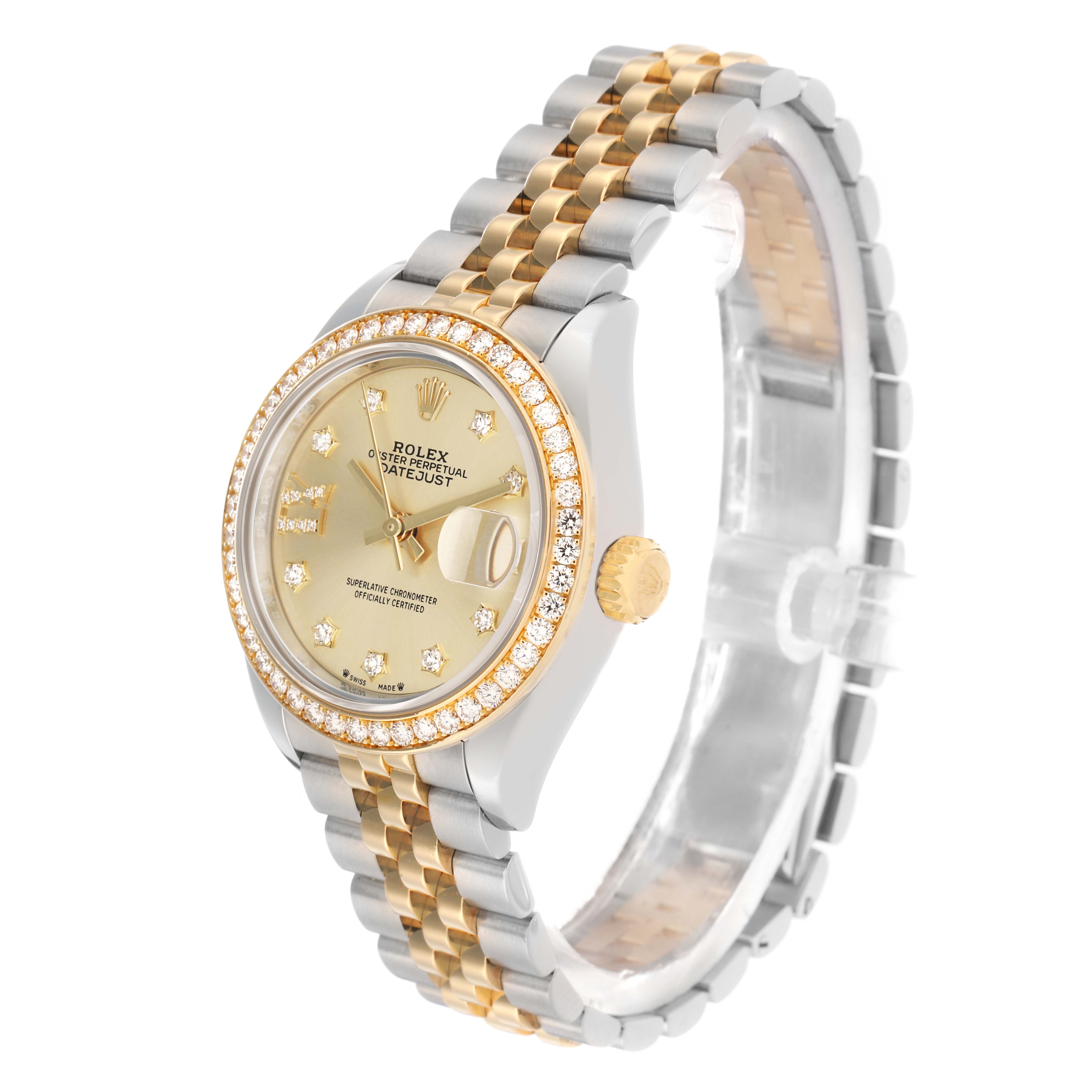 The Rolex Datejust 279383 Women's Steel and Gold (two tone) Champagne Dial watch is shown at a slight angle, displaying the gold and diamond bezel, face, and Jubilee bracelet.