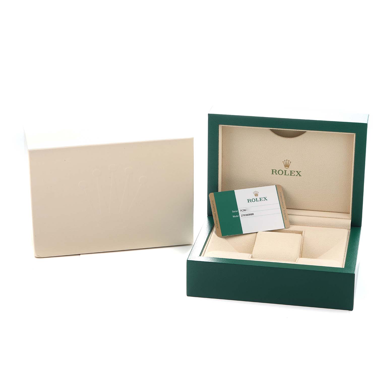 The image shows the open packaging and warranty card for the Rolex Datejust 279383 Women's Steel and Gold (two tone) Champagne Dial watch.