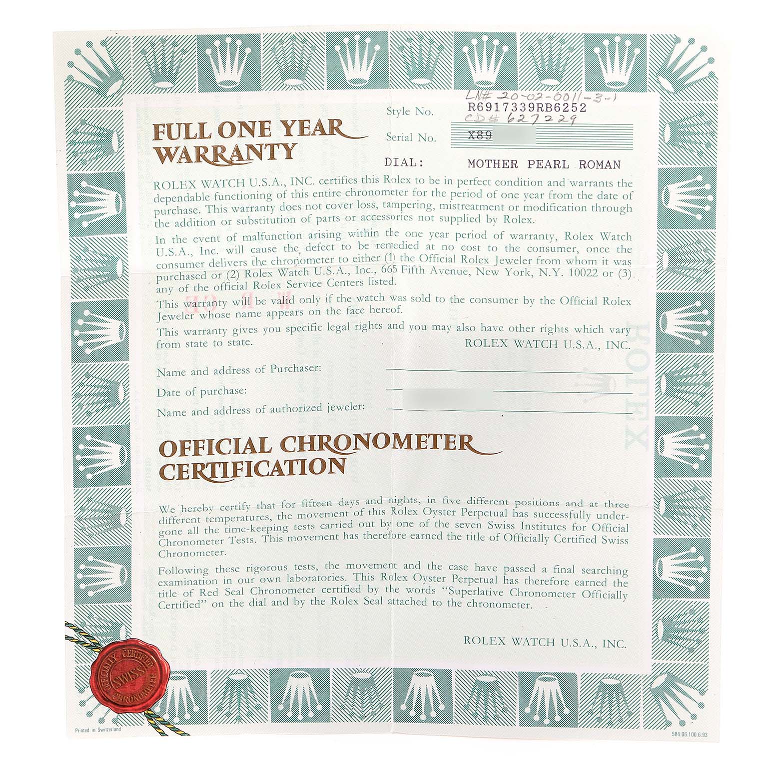 This image shows a Rolex Datejust 69173 Women's Steel and Gold (two tone) Mother of Pearl Dial 69173 Women's Steel and Gold (two tone) Mother of Pearl Dial model's full one-year warranty and official chronometer certification document.