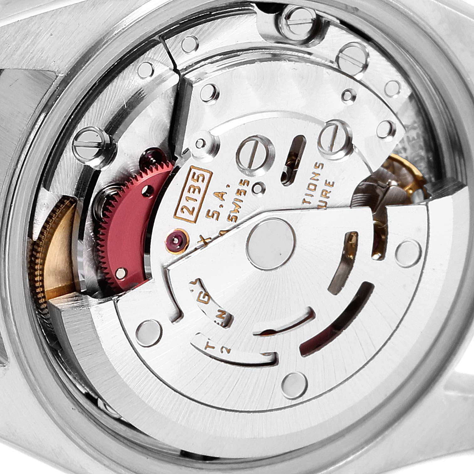 This image shows the movement mechanism of a Rolex Datejust 69173 Women's Steel and Gold (two tone) Mother of Pearl Dial 69173 Women's Steel and Gold (two tone) Mother of Pearl Dial watch, viewed from the back angle.