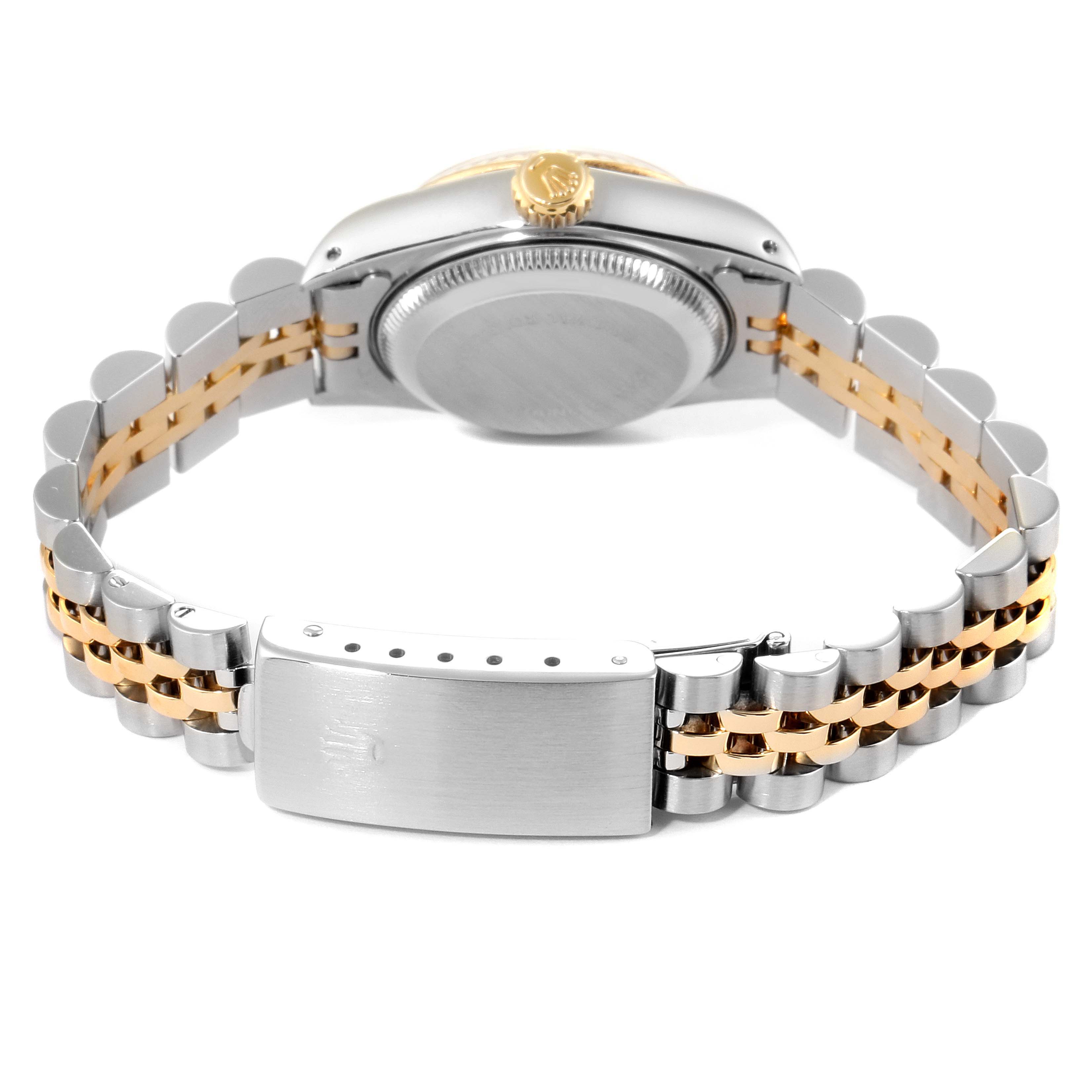 The image shows the back view of a Rolex Datejust 69173 Women's Steel and Gold (two tone) Mother of Pearl Dial 69173 Women's Steel and Gold (two tone) Mother of Pearl Dial watch, featuring its clasp, Jubilee bracelet, case back, and crown.