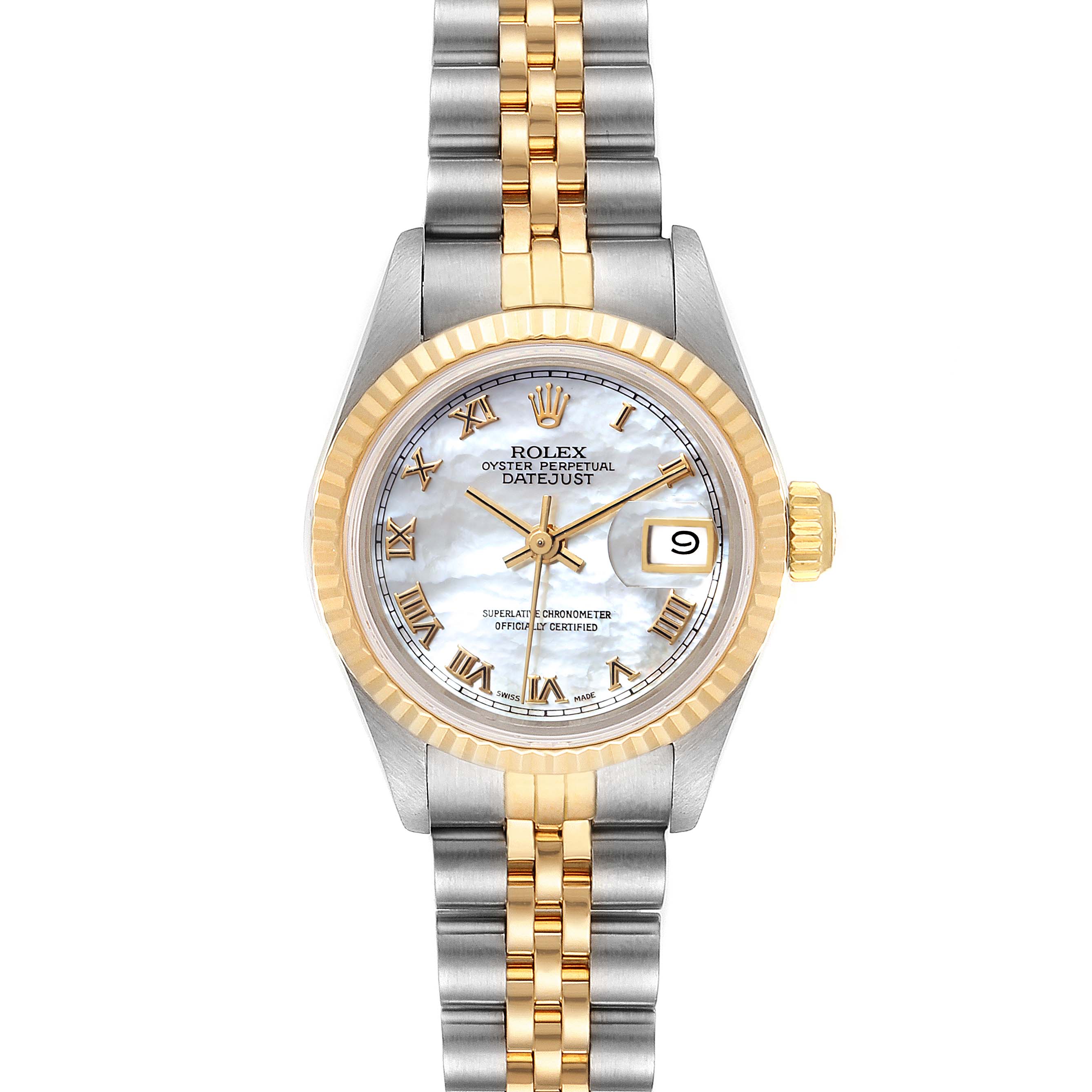 The image displays a Rolex Datejust 69173 Women's Steel and Gold (two tone) Mother of Pearl Dial 69173 Women's Steel and Gold (two tone) Mother of Pearl Dial watch from a front angle, showing the face, dial, bezel, and part of the bracelet.