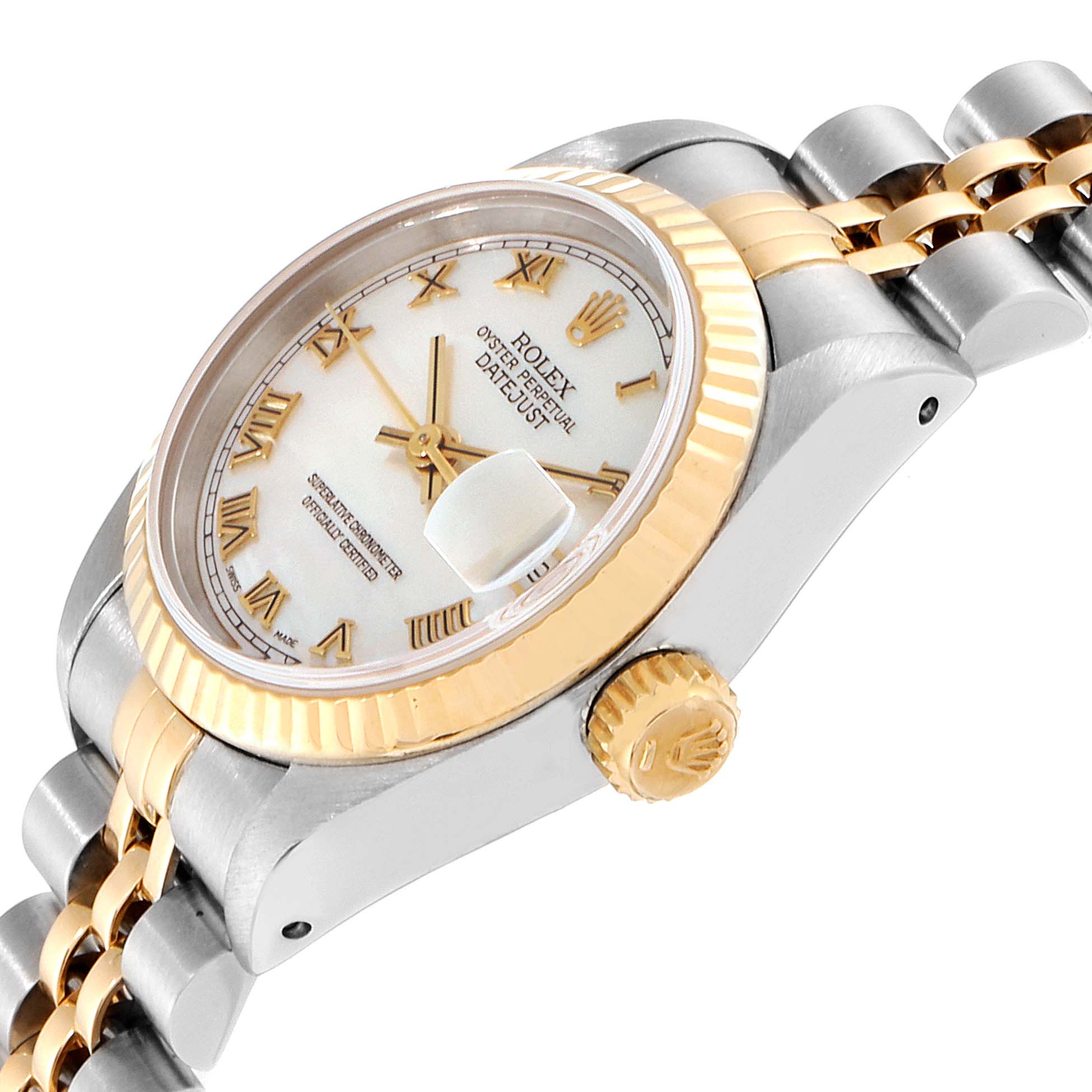 This image shows a side angle of the Rolex Datejust 69173 Women's Steel and Gold (two tone) Mother of Pearl Dial 69173 Women's Steel and Gold (two tone) Mother of Pearl Dial watch, highlighting the crown, bezel, and part of the bracelet.
