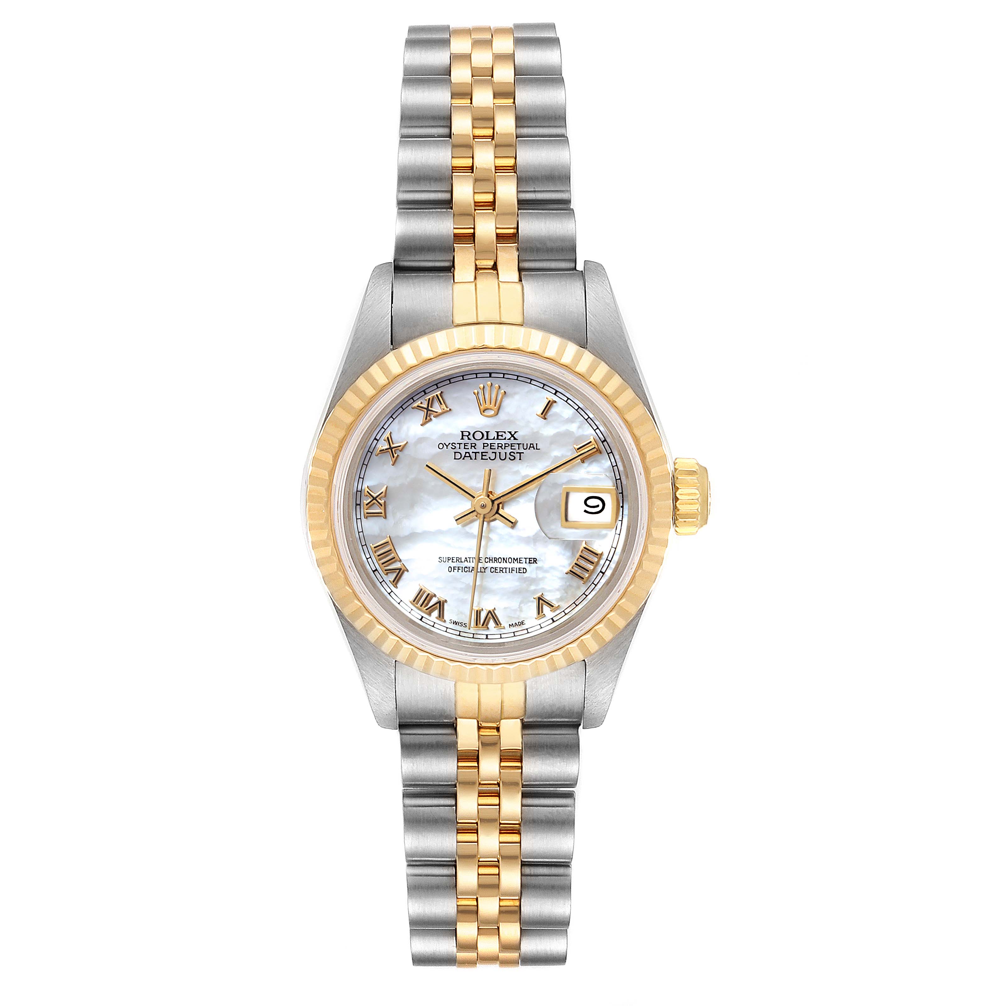 This image shows a front view of the Rolex Datejust 69173 Women's Steel and Gold (two tone) Mother of Pearl Dial 69173 Women's Steel and Gold (two tone) Mother of Pearl Dial watch, highlighting its face, bezel, and metal bracelet.