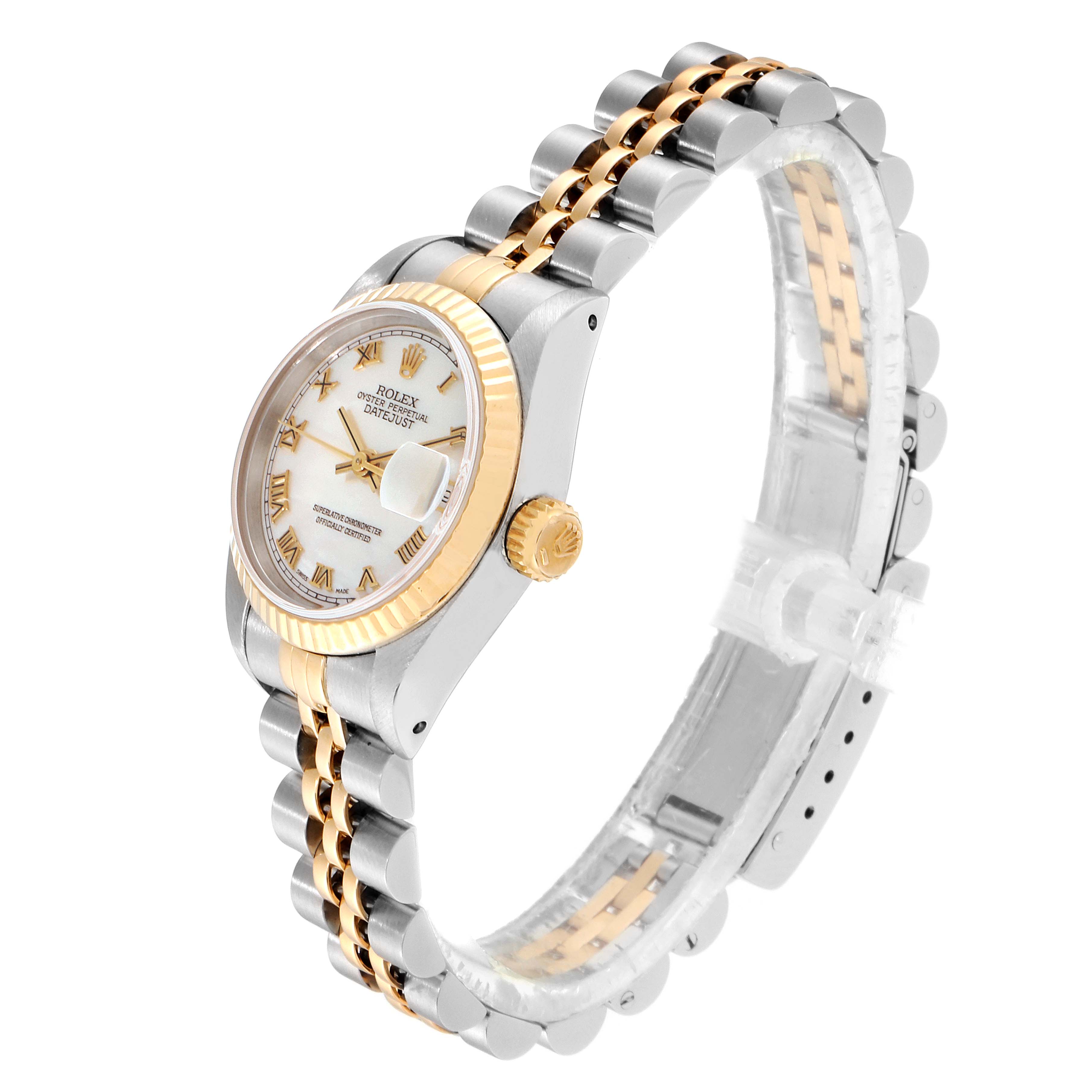 The Rolex Datejust 69173 Women's Steel and Gold (two tone) Mother of Pearl Dial 69173 Women's Steel and Gold (two tone) Mother of Pearl Dial watch is shown at an angled side view, displaying the face, bezel, crown, and part of the bracelet.