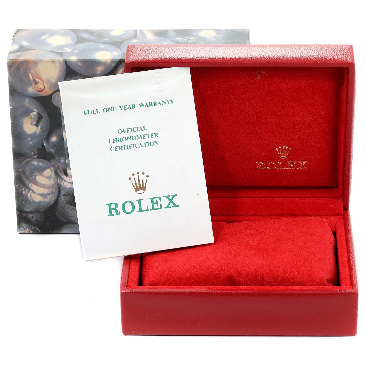The image shows a Rolex Datejust 69173 Women's Steel and Gold (two tone) Mother of Pearl Dial 69173 Women's Steel and Gold (two tone) Mother of Pearl Dial watch box and official chronometer certification in a standing position.