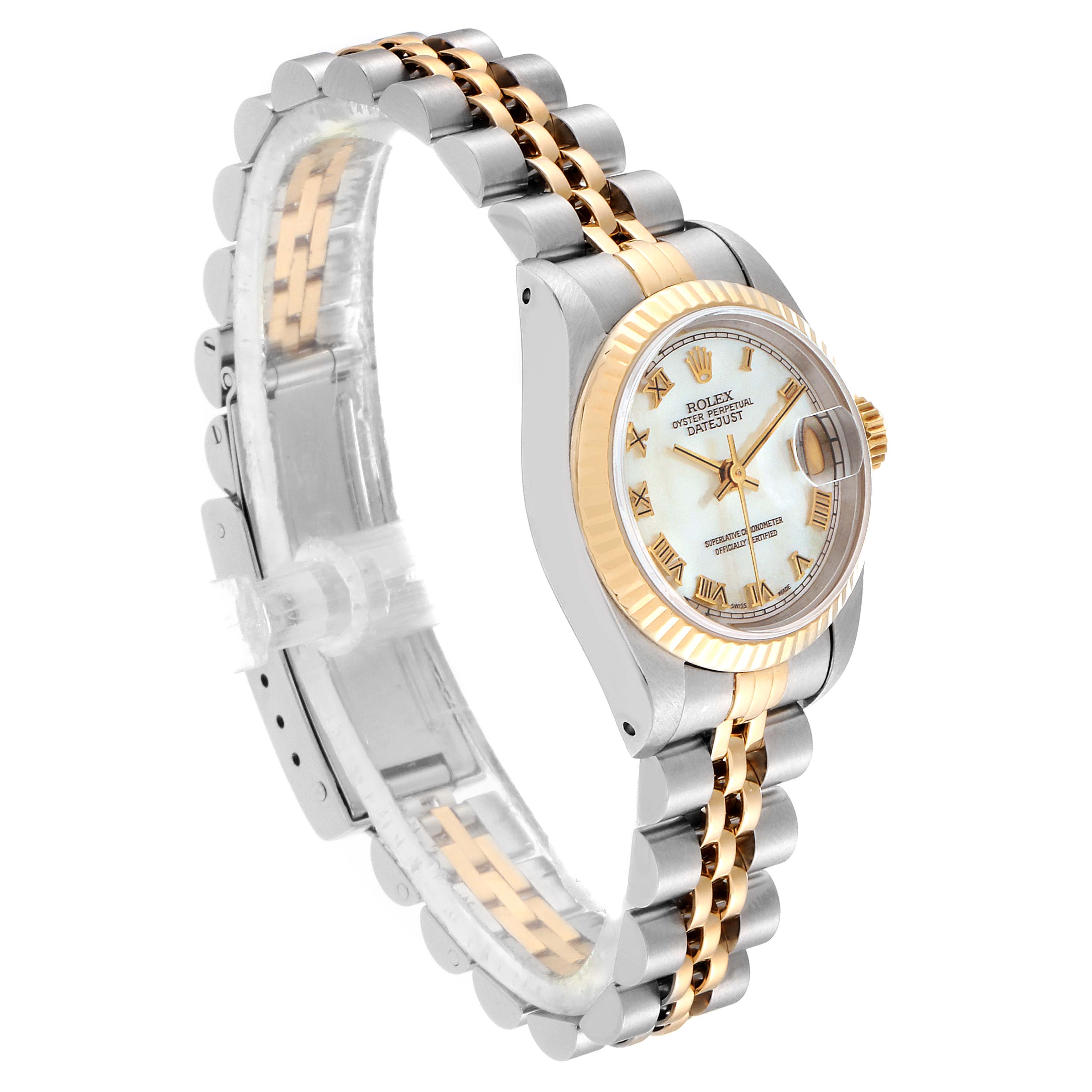 This Rolex Datejust 69173 Women's Steel and Gold (two tone) Mother of Pearl Dial 69173 Women's Steel and Gold (two tone) Mother of Pearl Dial watch is shown from a three-quarter angle, highlighting its dial, bezel, and two-tone bracelet.