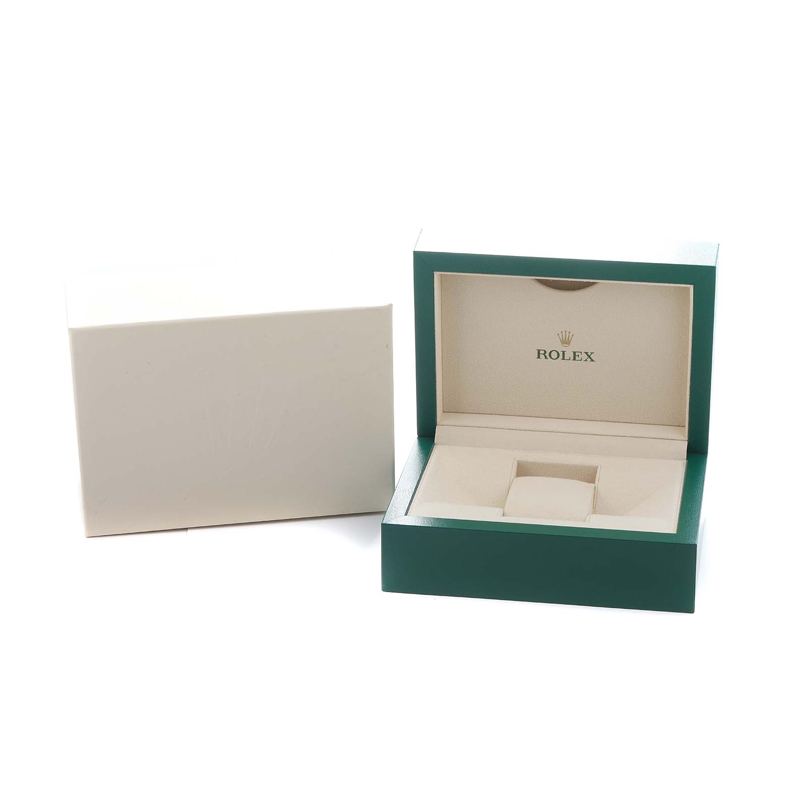 The image shows an open empty Rolex Datejust 116243 Men
s Steel and Gold (two tone) Silver Dial watch box and a separate lid viewed from an angle.