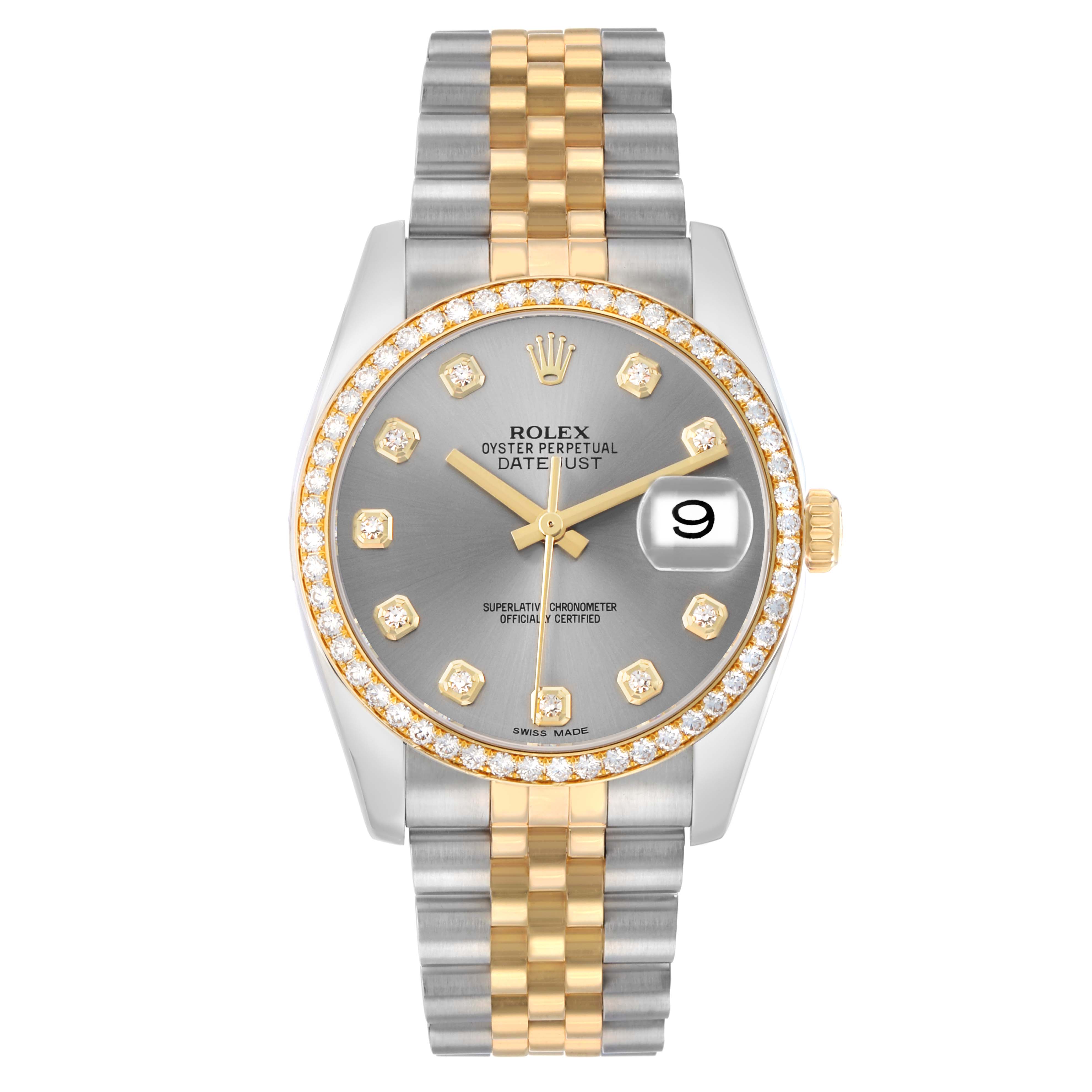 The Rolex Datejust 116243 Men
s Steel and Gold (two tone) Silver Dial watch is shown from the front, highlighting the dial, bezel, bracelet, and crown.