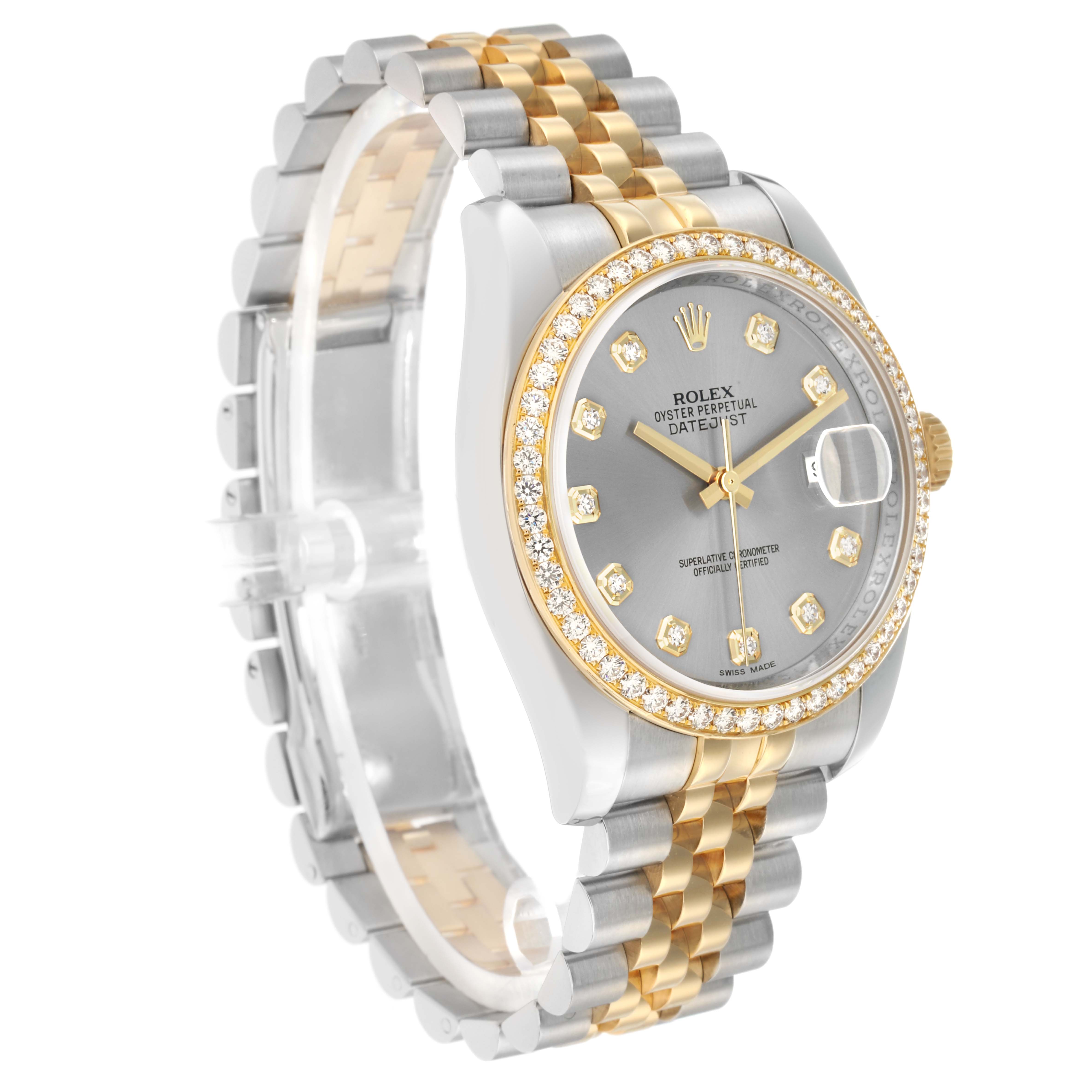 The Rolex Datejust 116243 Men
s Steel and Gold (two tone) Silver Dial watch is shown at a 3/4 view, displaying its bezel, dial, crown, and Jubilee bracelet.