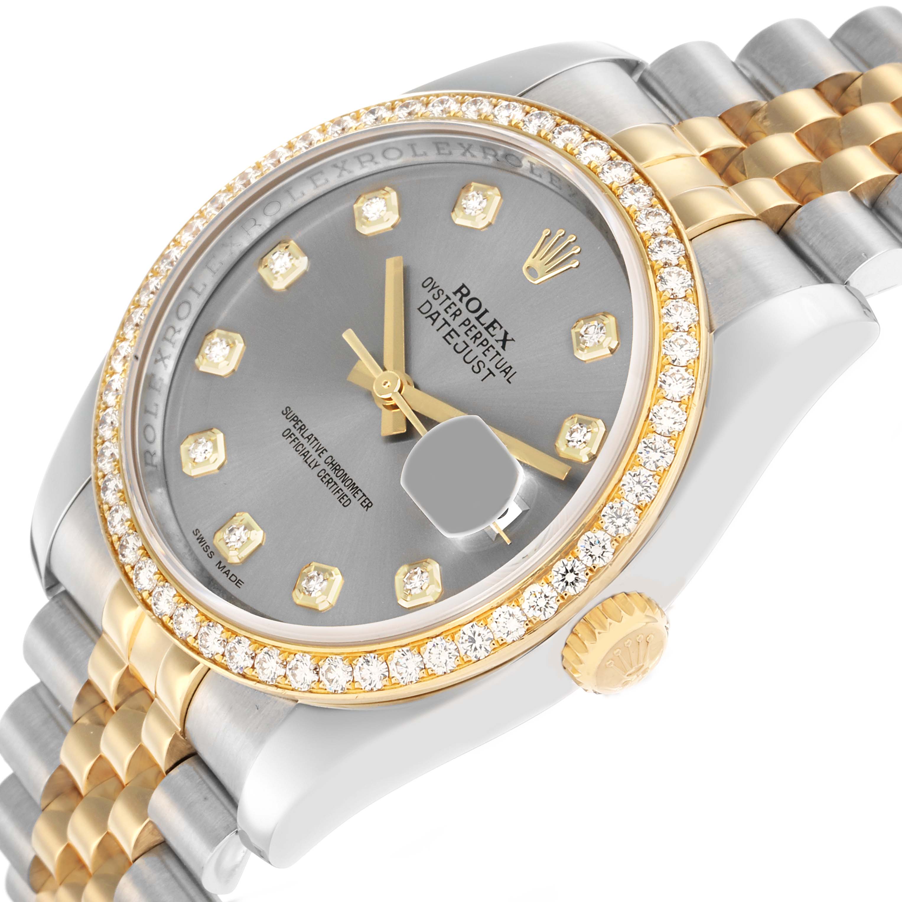 The Rolex Datejust 116243 Men
s Steel and Gold (two tone) Silver Dial watch is shown from an angled top view, highlighting its diamond bezel, face, and two-tone jubilee bracelet.