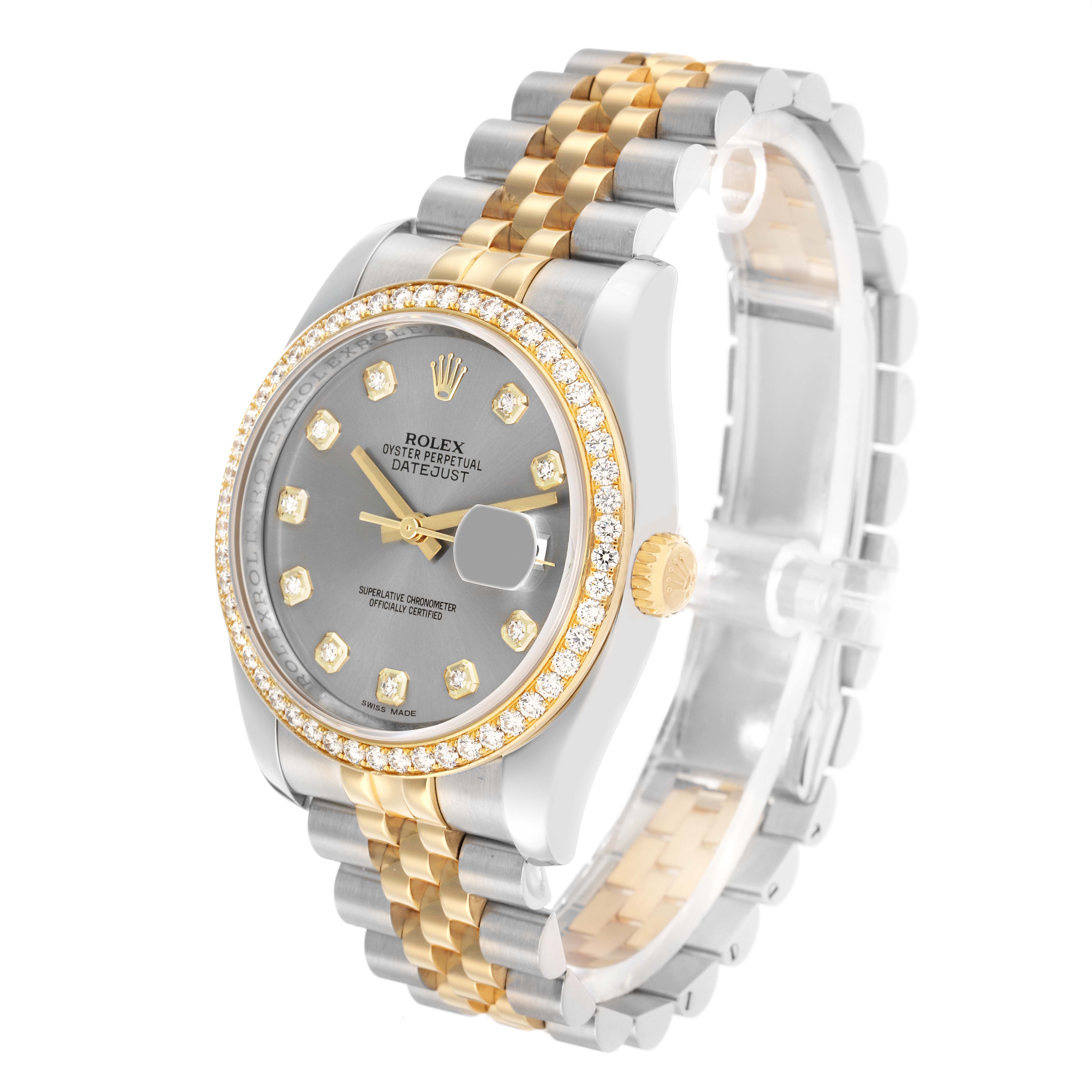 The Rolex Datejust 116243 Men
s Steel and Gold (two tone) Silver Dial watch is shown at a three-quarter angle, highlighting the bezel, dial, and two-tone bracelet.