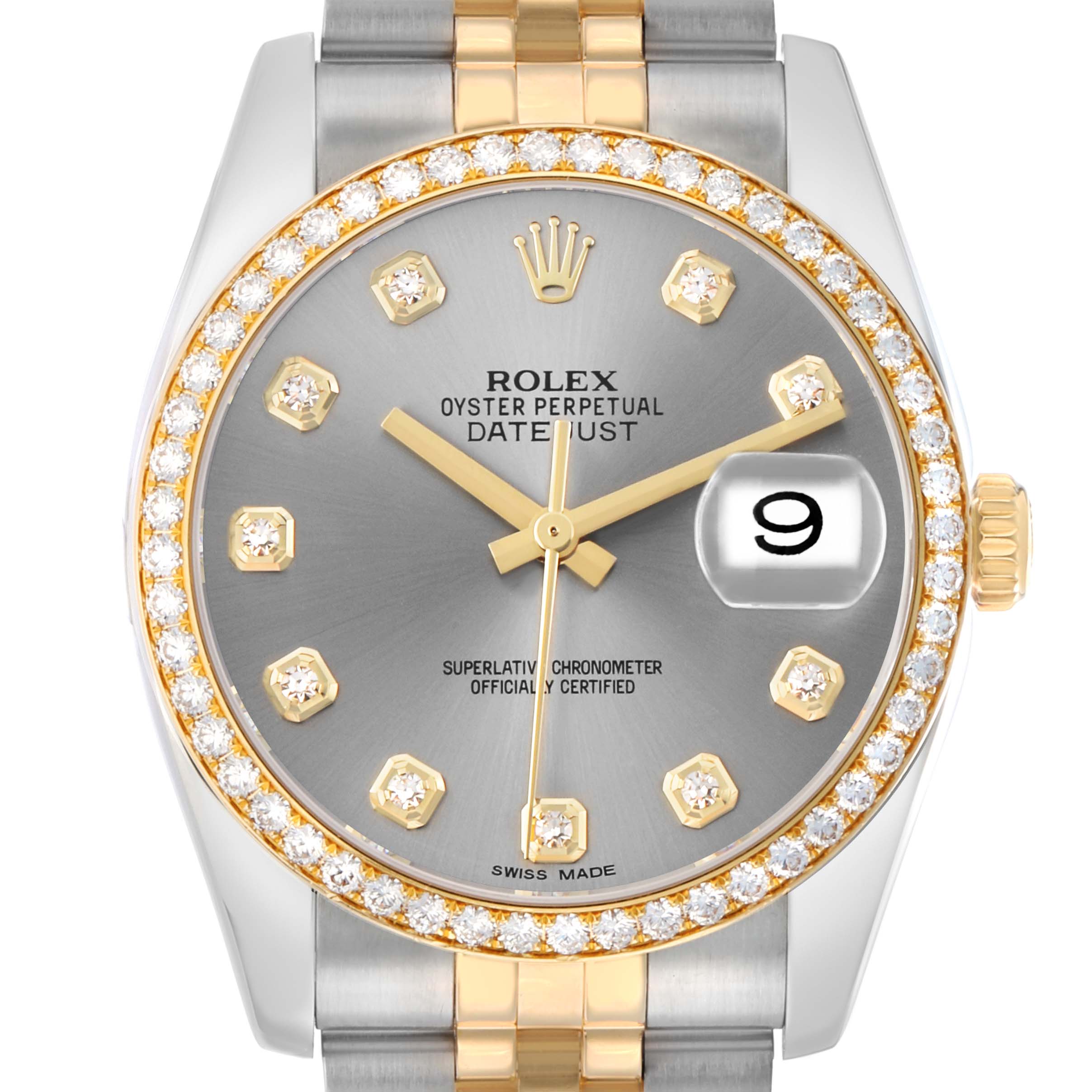 The Rolex Datejust 116243 Men
s Steel and Gold (two tone) Silver Dial watch is shown from the front, highlighting the dial, bezel, markers, and part of the bracelet.