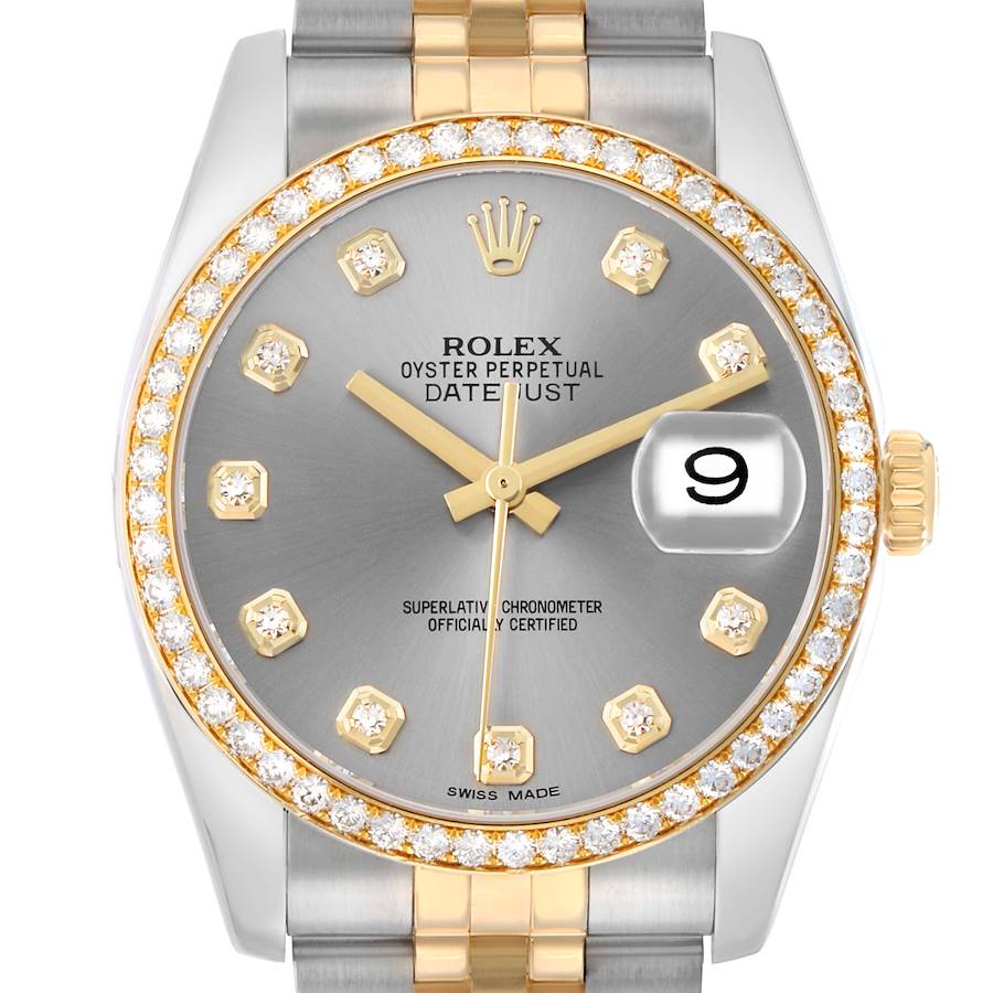 The Rolex Datejust 116243 Men's Steel and Gold (two tone) Silver Dial watch is shown from the front, highlighting the dial, bezel, markers, and part of the bracelet.