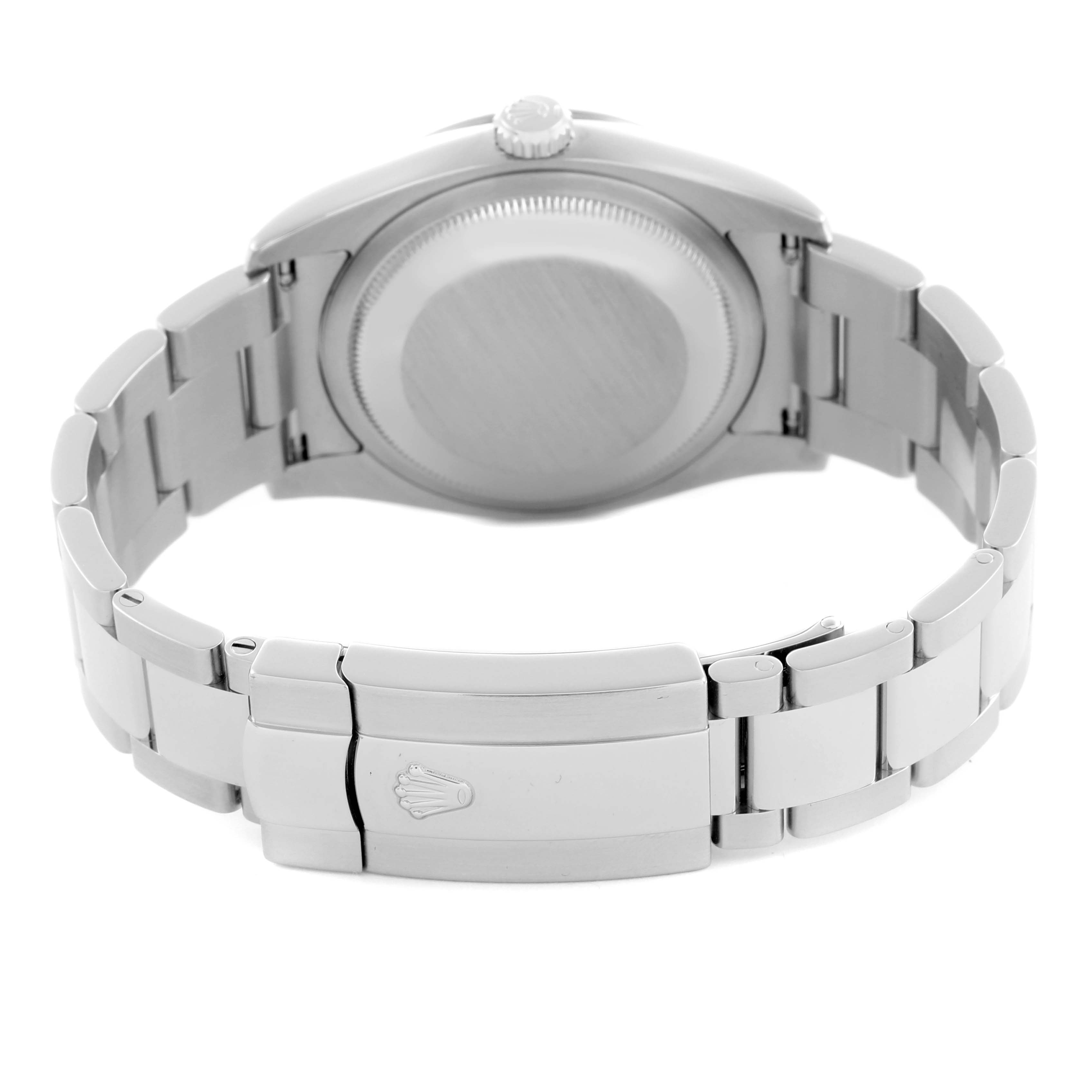 The image shows the back view of the Rolex Turn-o-Graph 116264 Men
s Stainless Steel Blue Dial 116264 Men
s Stainless Steel Blue Dial watch, highlighting the case back, crown, and clasp.