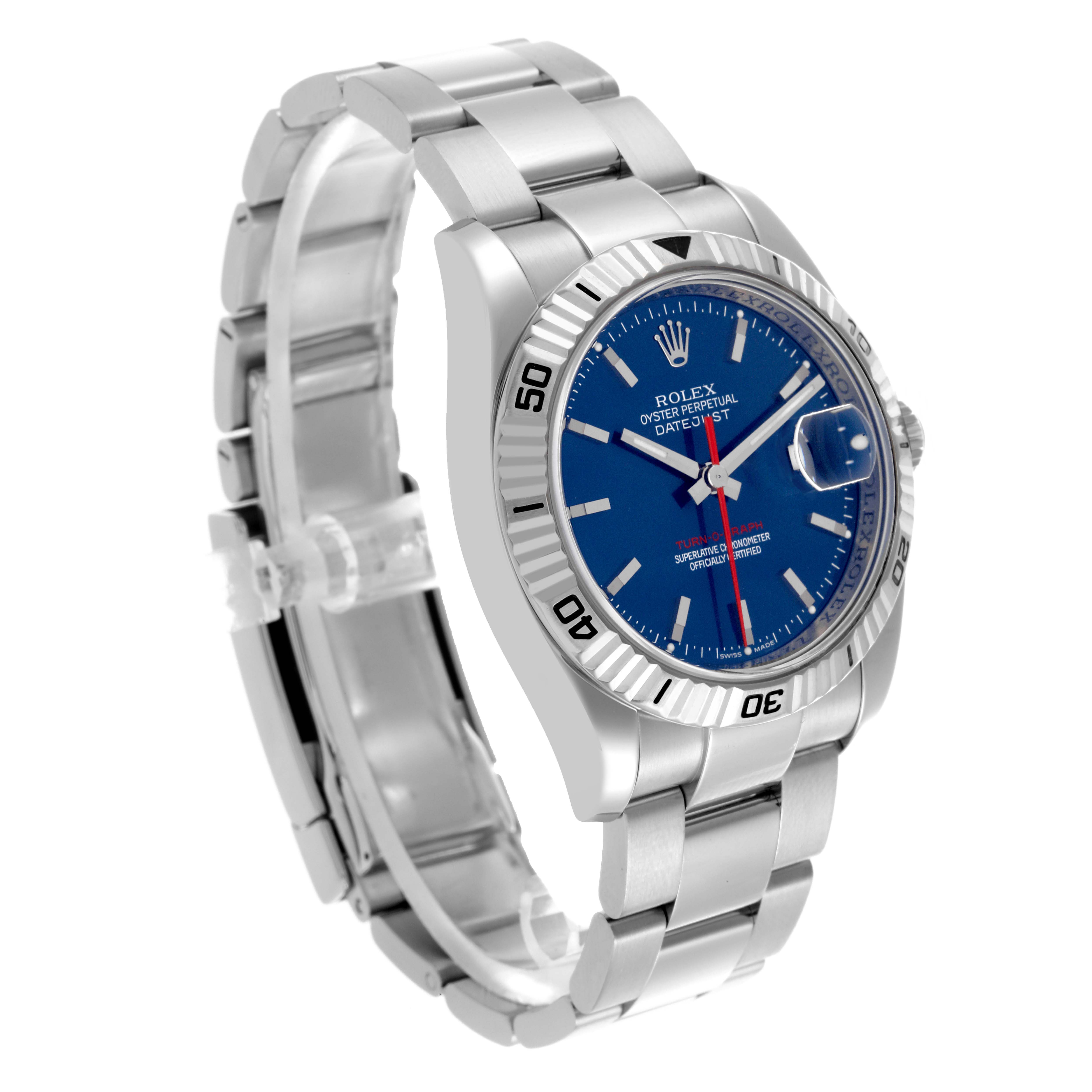 The Rolex Turn-o-Graph 116264 Men
s Stainless Steel Blue Dial 116264 Men
s Stainless Steel Blue Dial watch is shown at a three-quarter angle, highlighting the bezel, blue dial, and metal bracelet.